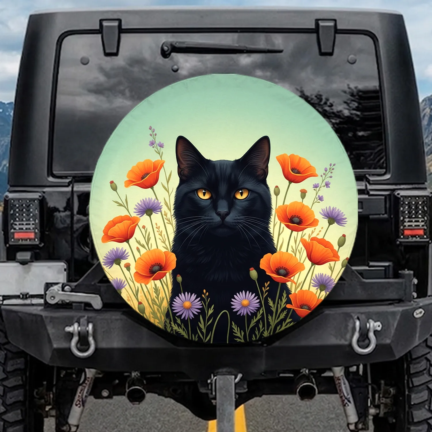 Majestic Black Cat Wildflower Meadow Golden Sky - Home Decor Gift for Cat Lover Spare Tire Cover - 1