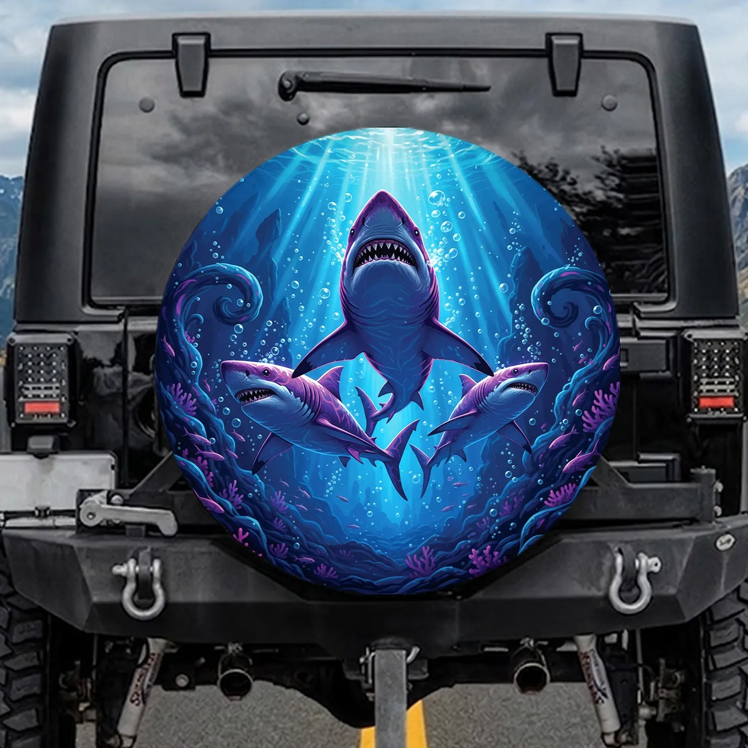 Deep Ocean Sharks with Razor Teeth - Bioluminescent Marine Life Adventure Seeker Gift Spare Tire Cover - 1
