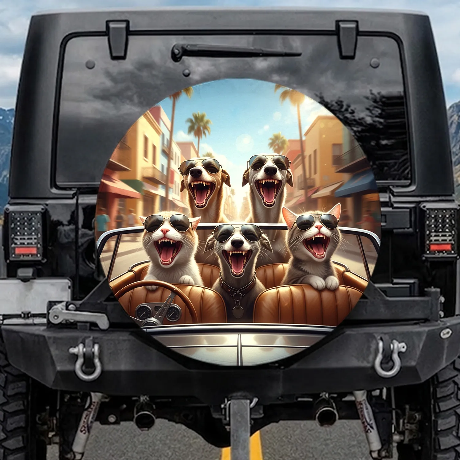 Laughing Greyhounds Cats Sunglasses Classic Car - Road Trip Gift Spare Tire Cover - 1