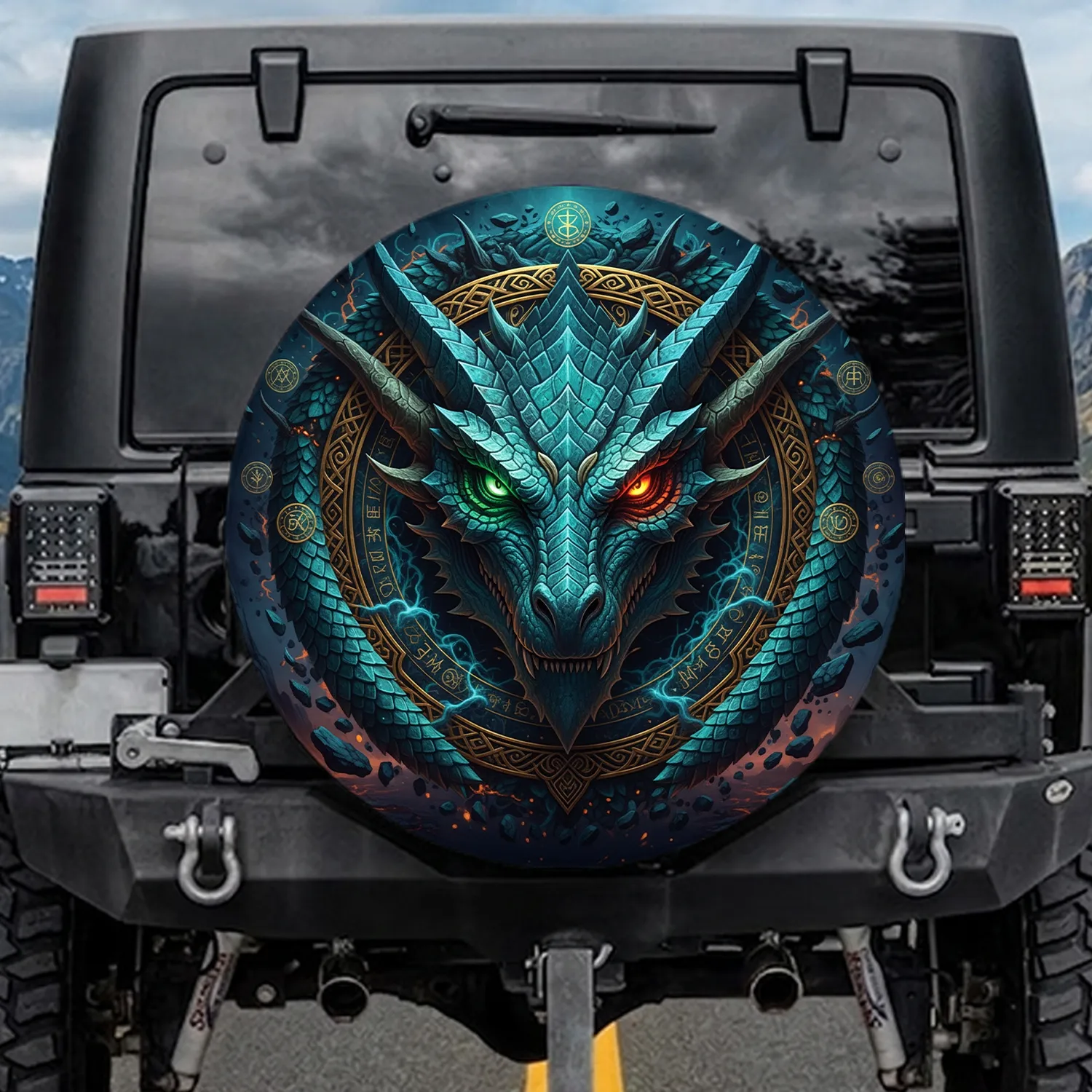 Ancient Dragon Face Glowing Eyes Gold Ornaments Arcane Symbols - Fantasy Lover Gift Spare Tire Cover - 1
