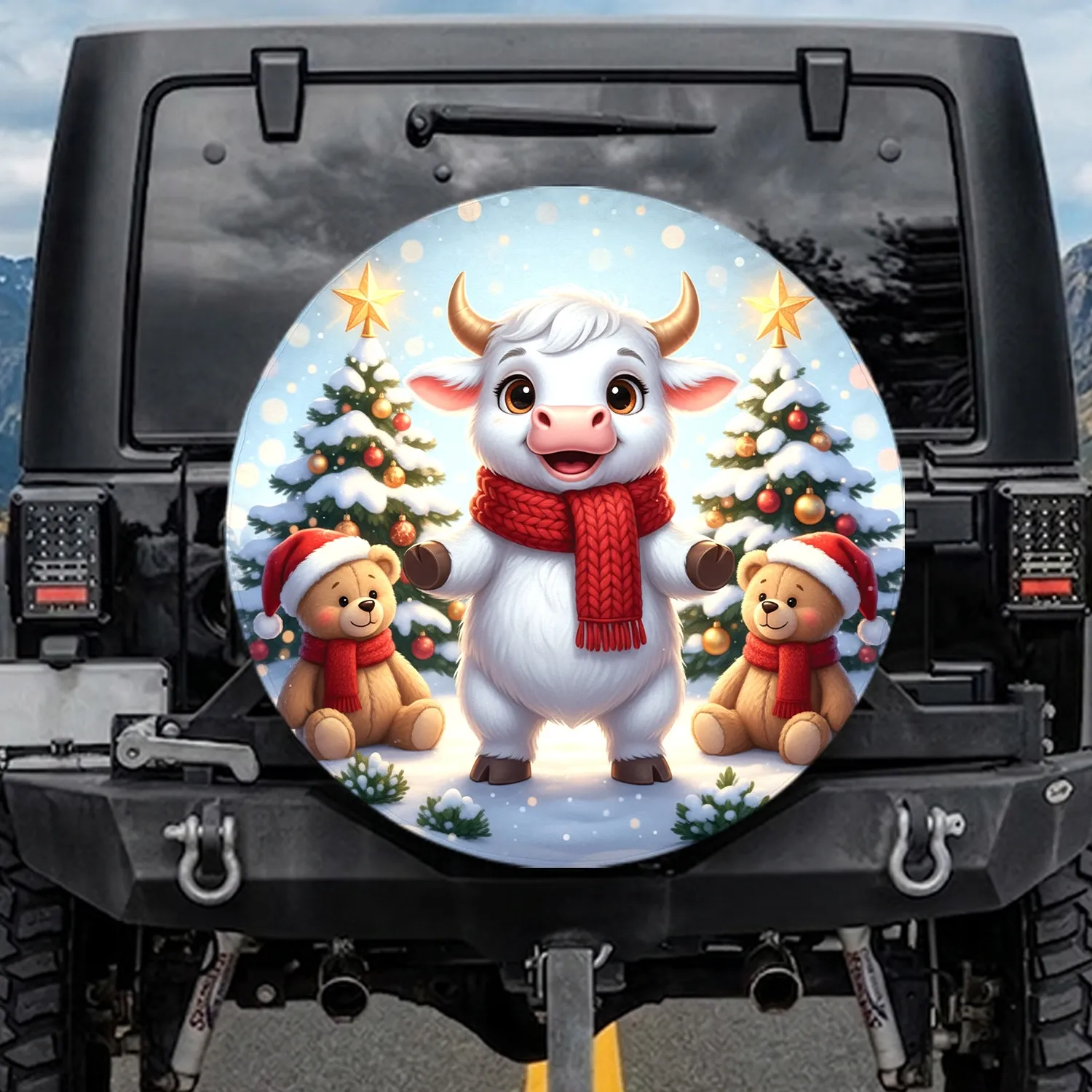 Fluffy White Baby Bull Teddy Bear Christmas - Winter Wonderland Holiday Decor Spare Tire Cover - 1