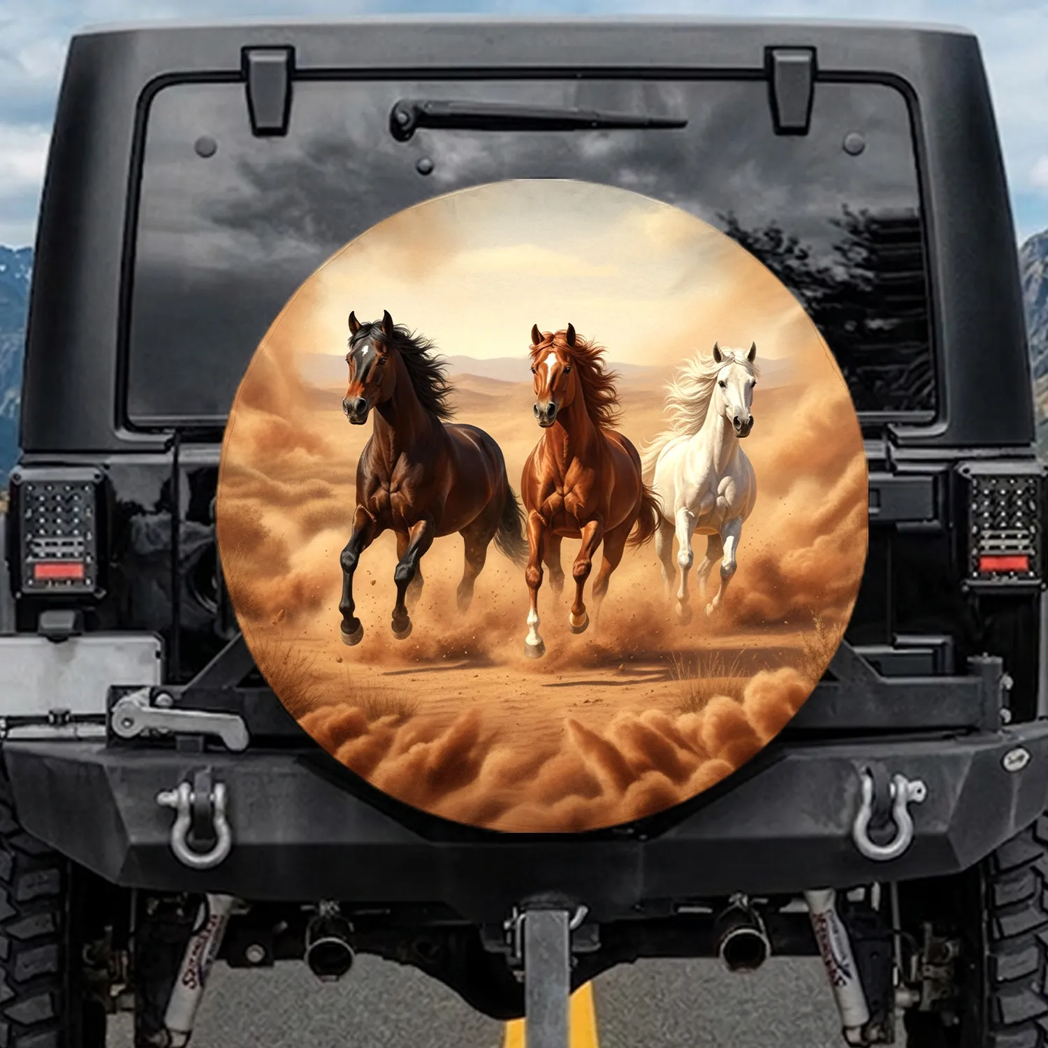 Three Majestic Wild Horses Galloping Dust Desert Scene - Wildlife Lover Gift Spare Tire Cover - 1