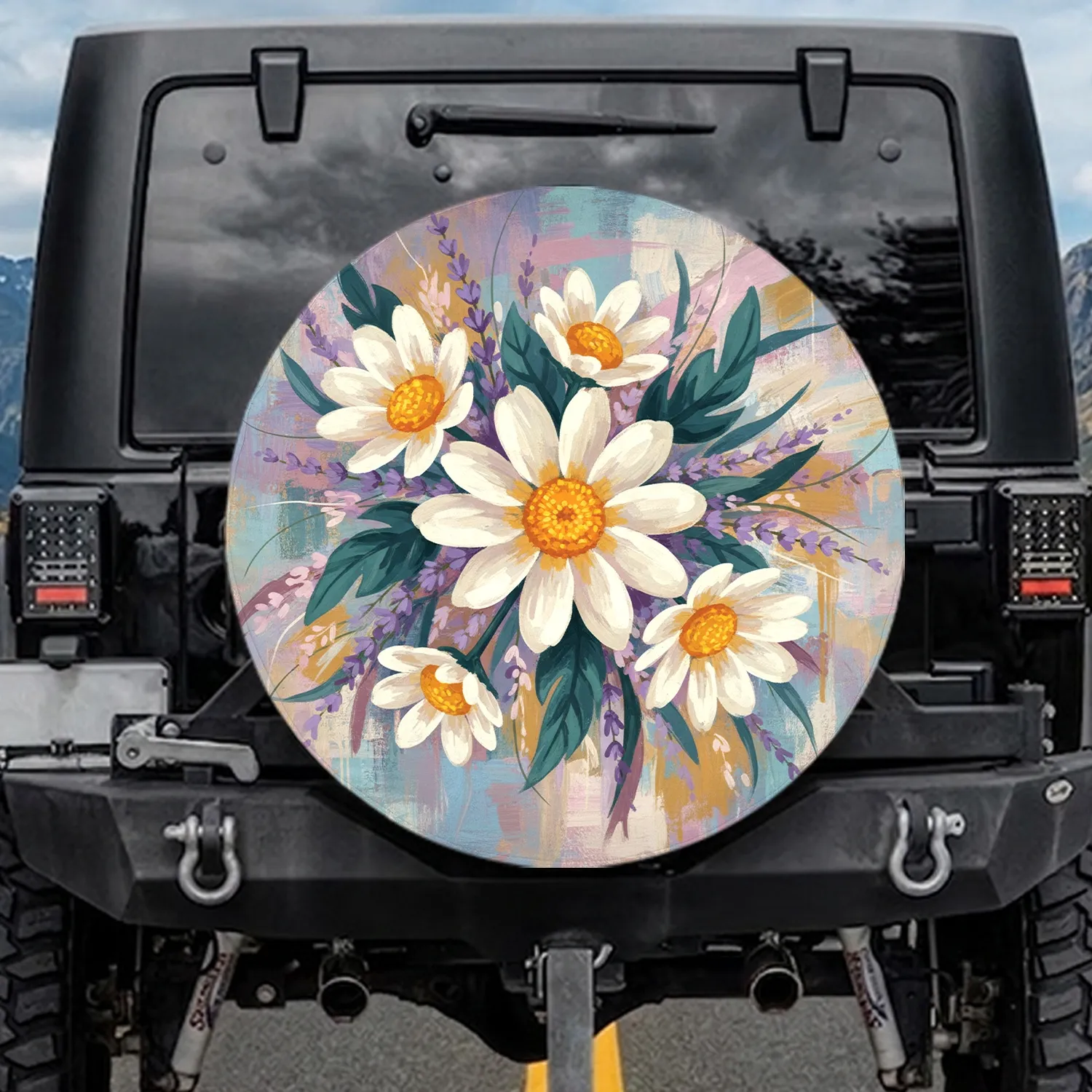 Daisy Flowers Lavender Foliage - Garden Home Decor Gift for Flower Lover Spare Tire Cover - 1