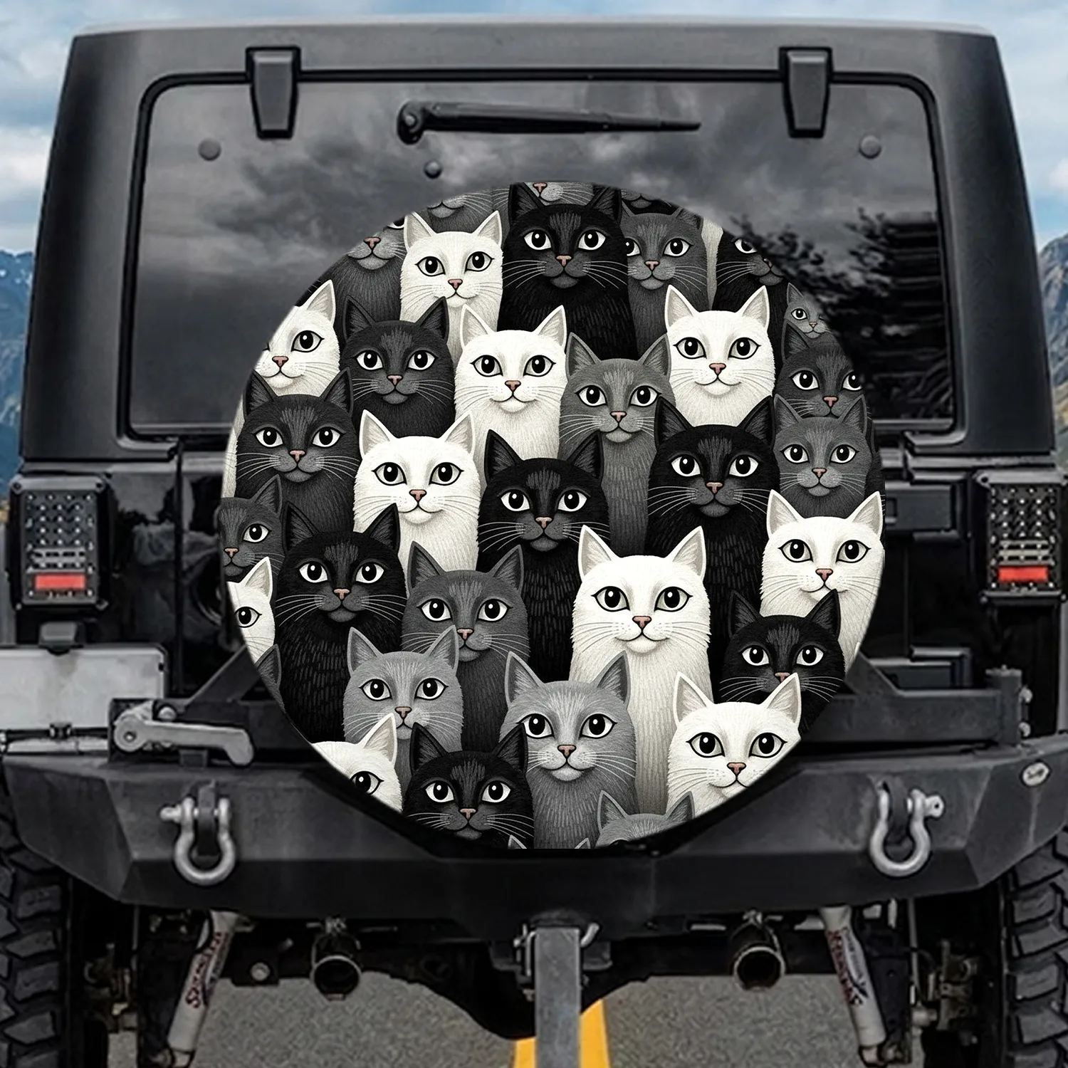 Dense Crowd of Curious Black White Grey Cats - Home Decor Gift for Cat Lovers Spare Tire Cover - 1
