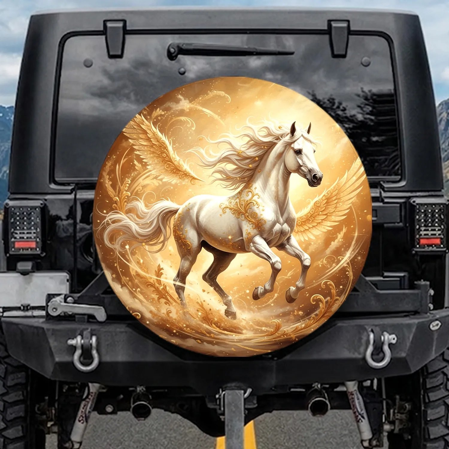 White Horse Golden Filigree - Equestrian Vehicle Decor Gift Spare Tire Cover - 1