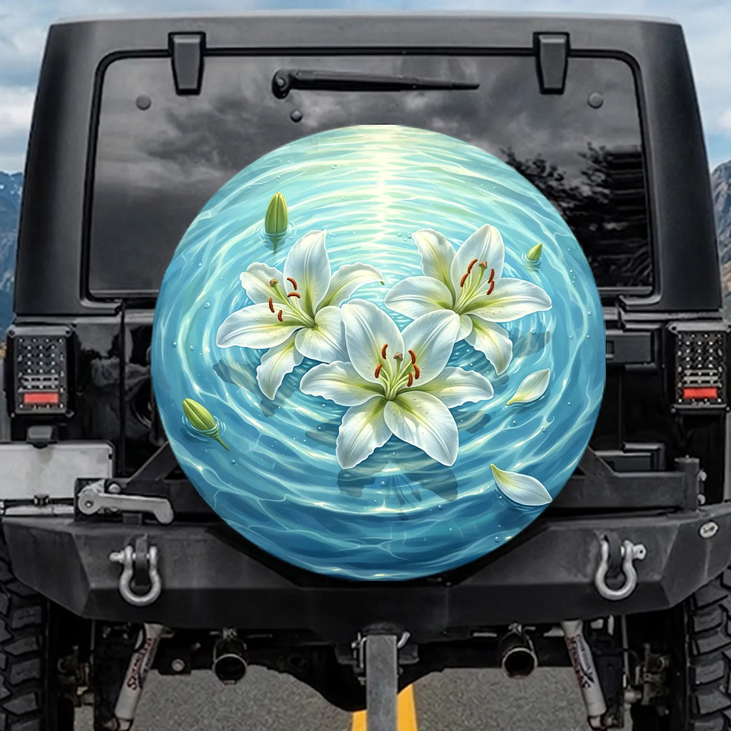 White Lily Flowers Floating Water Ripples - Home Decor Gift for Nature Lover Spare Tire Cover - 1
