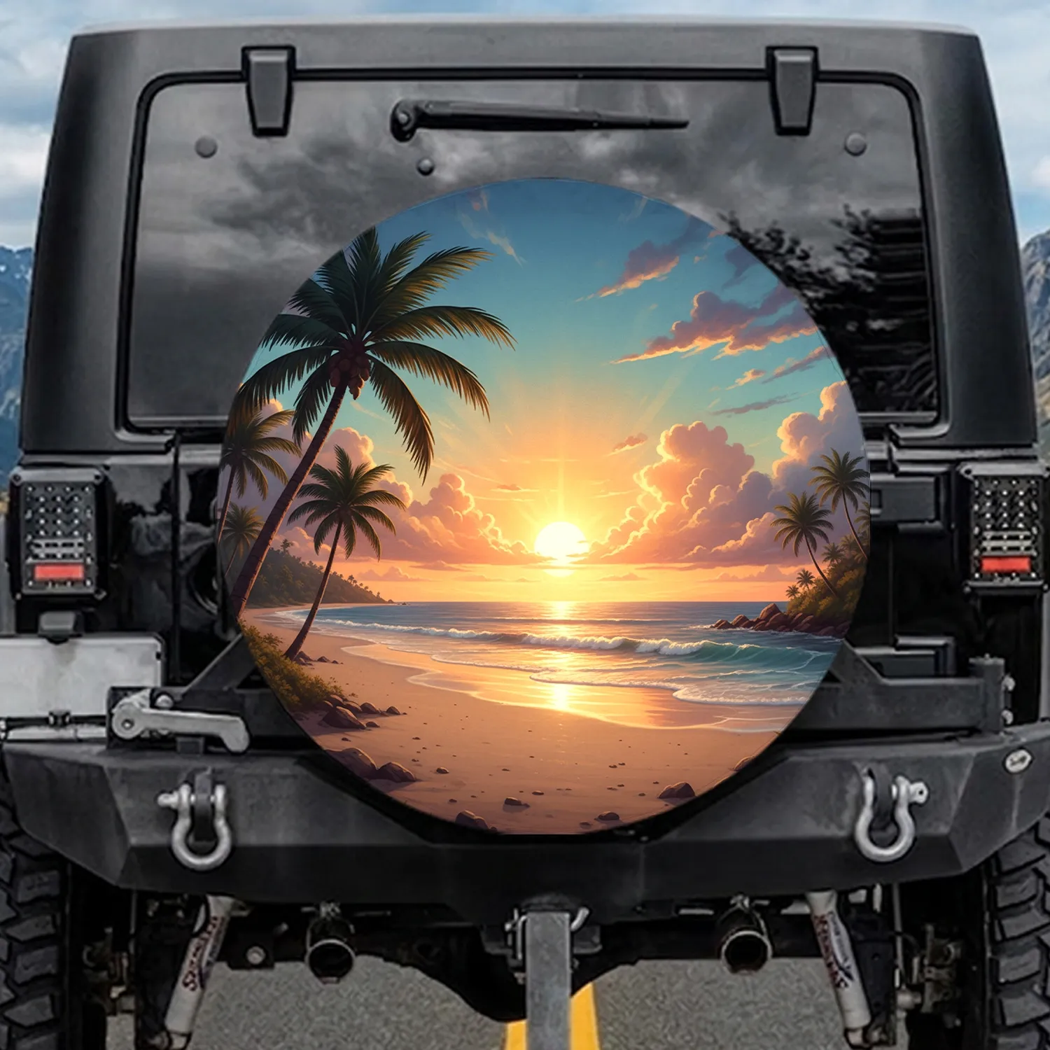 Tropical Beach Sunset Palm Trees Ocean Seascape - Beach Lover Gift Spare Tire Cover - 1