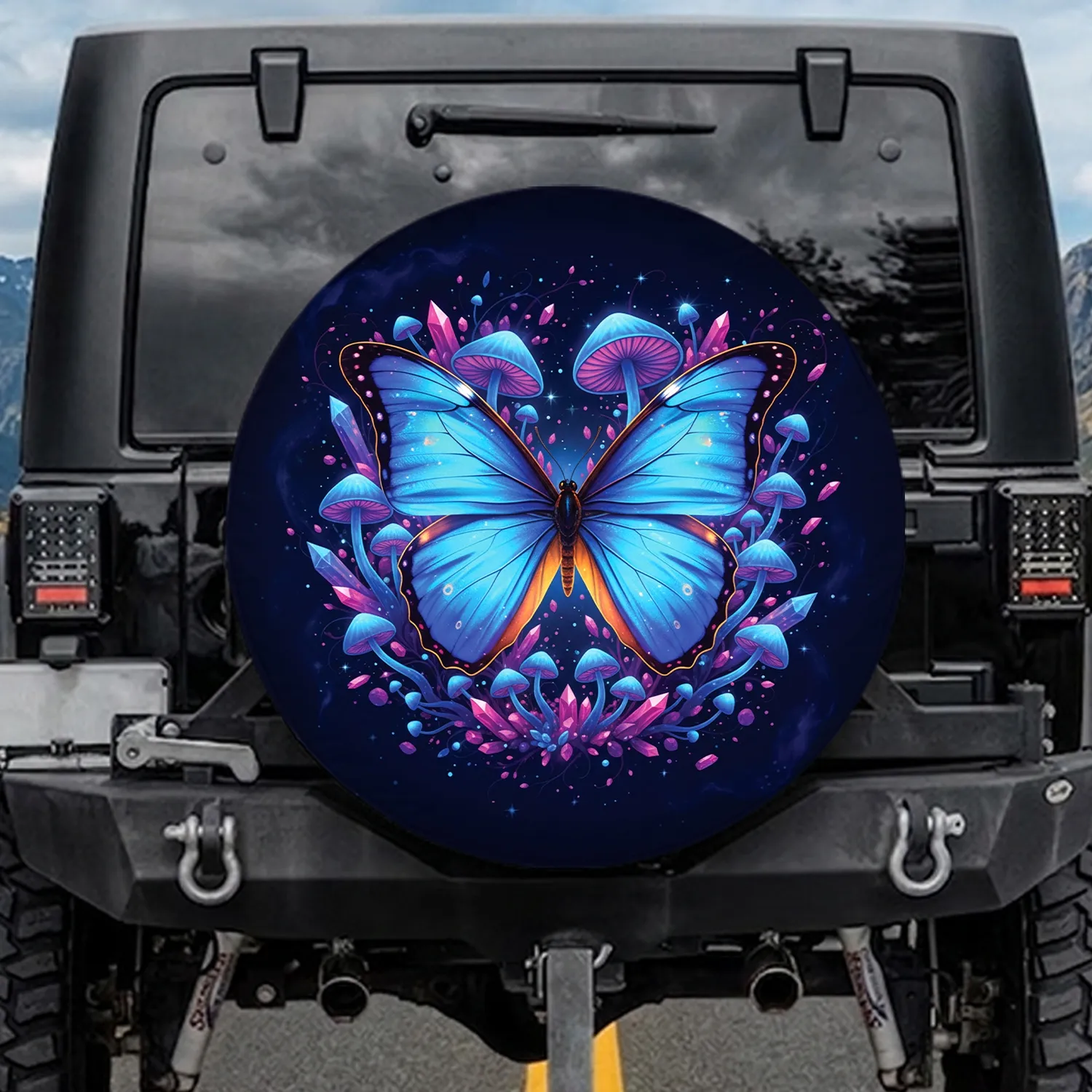 Morpho Butterfly Glowing Mushrooms Crystal Shards - Mystical Decor Gift for Butterfly Lover Spare Tire Cover - 1