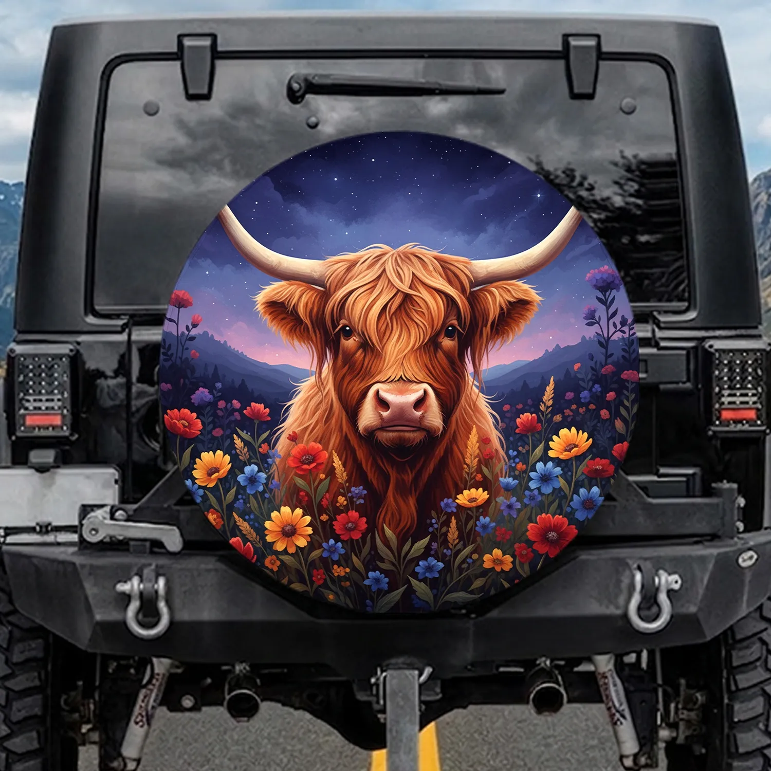 Highland Cow Wildflower Meadow Twilight - Farmhouse Home Decor Gift for Cow Lover Spare Tire Cover - 1