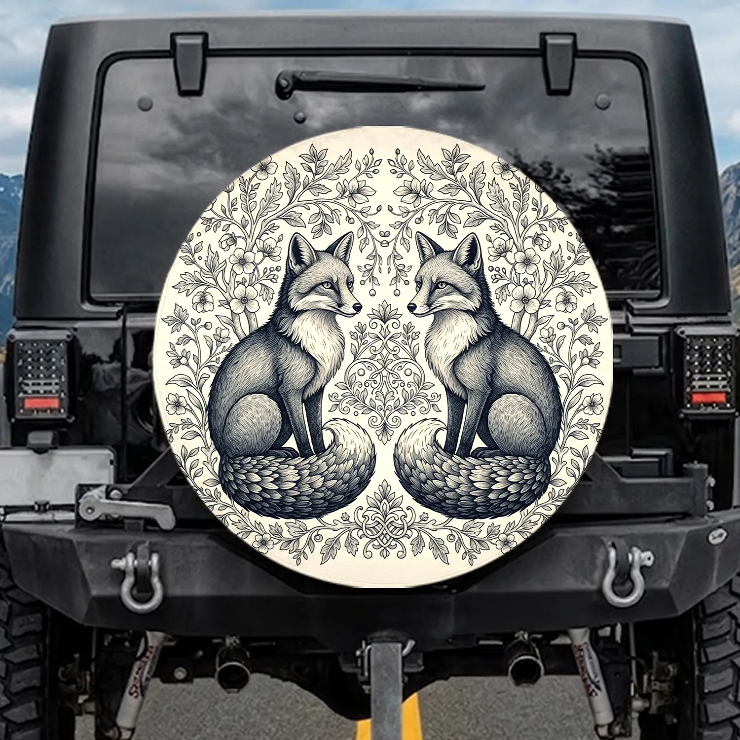 Majestic Foxes Symmetrical Botanical Flowering Branches - Nature Lover Home Decor Gift Spare Tire Cover - 1