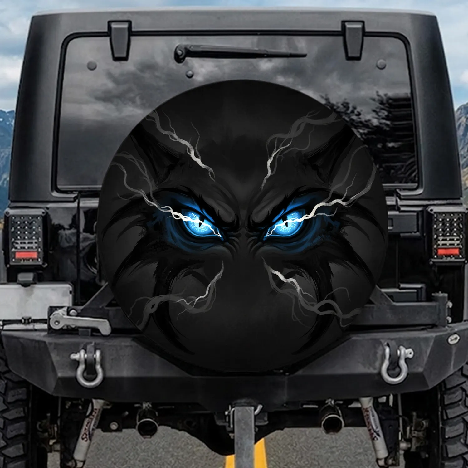 Angry Mischievous Blue Eyes Furrowed Brows - Car Decor Accessory Spare Tire Cover - 1