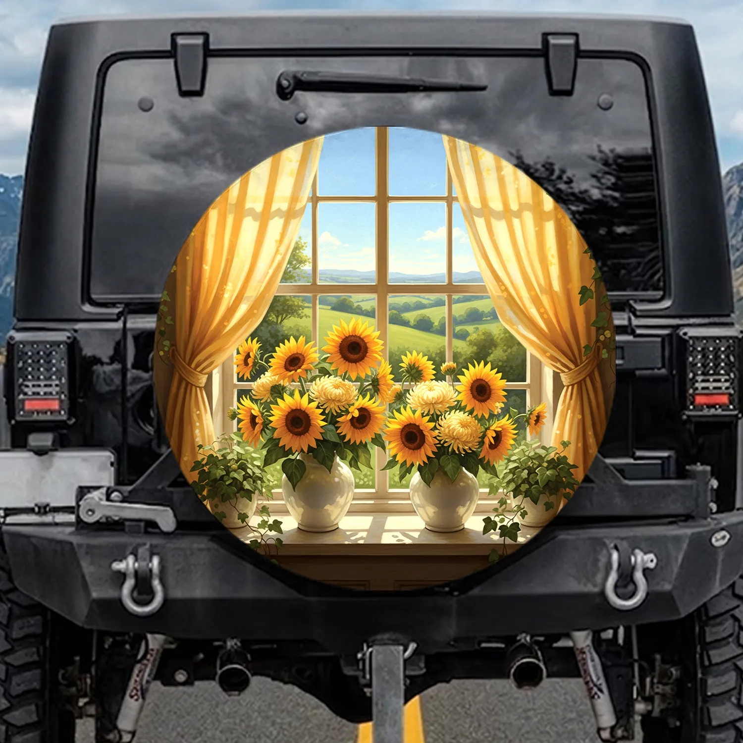 Sunflowers Chrysanthemums Sunlit Windowsill Pastoral Landscape - Garden Lover Gift Spare Tire Cover - 1