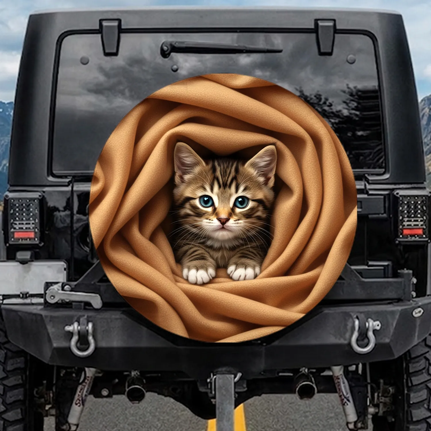Tabby Kitten Blue Eyes White Paws Emerging Camel Fabric - Pet Lover Gift for Cat Owners Spare Tire Cover - 1