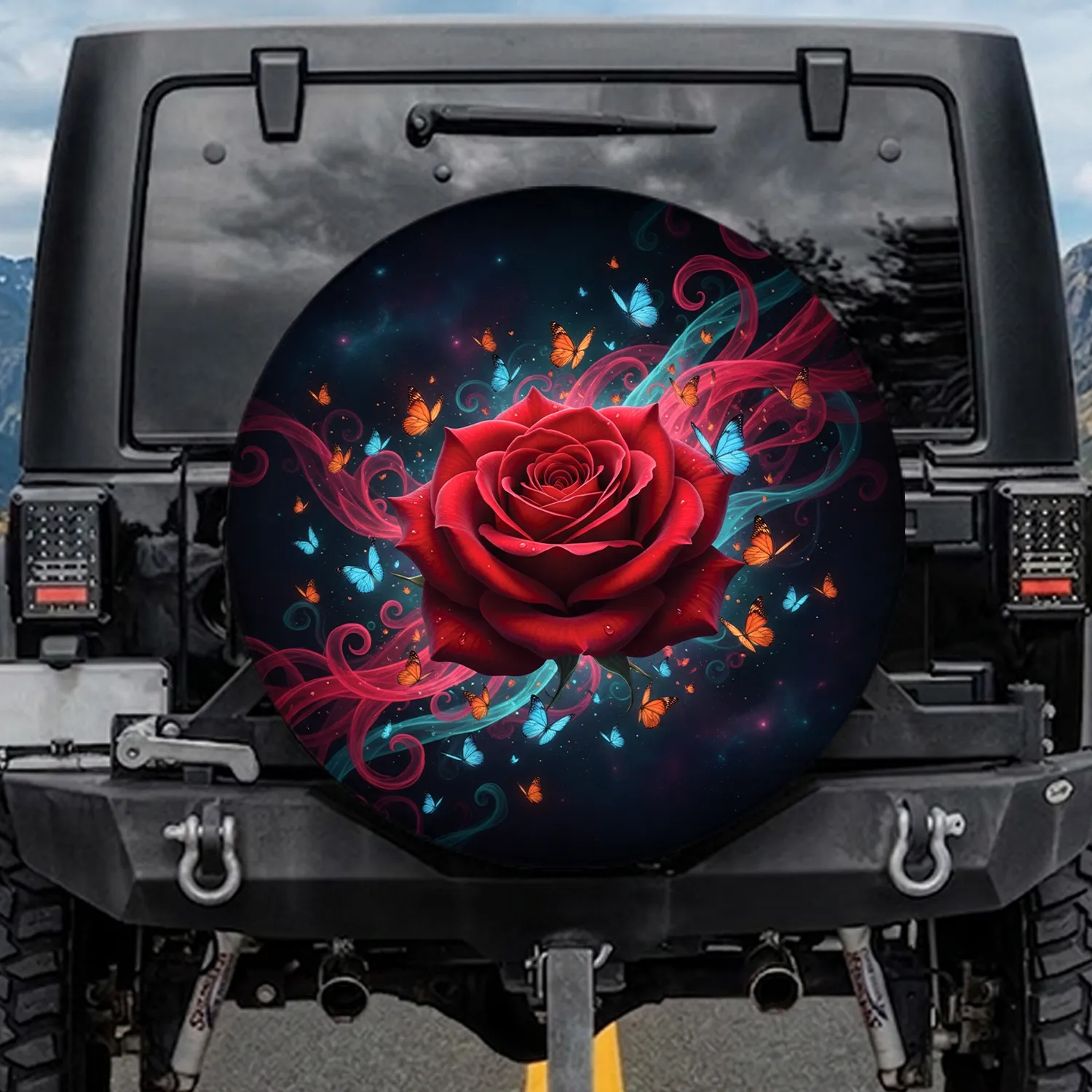Crimson Rose Swirling Butterflies Cosmic - Home Decor Gift for Nature Lovers Spare Tire Cover - 1