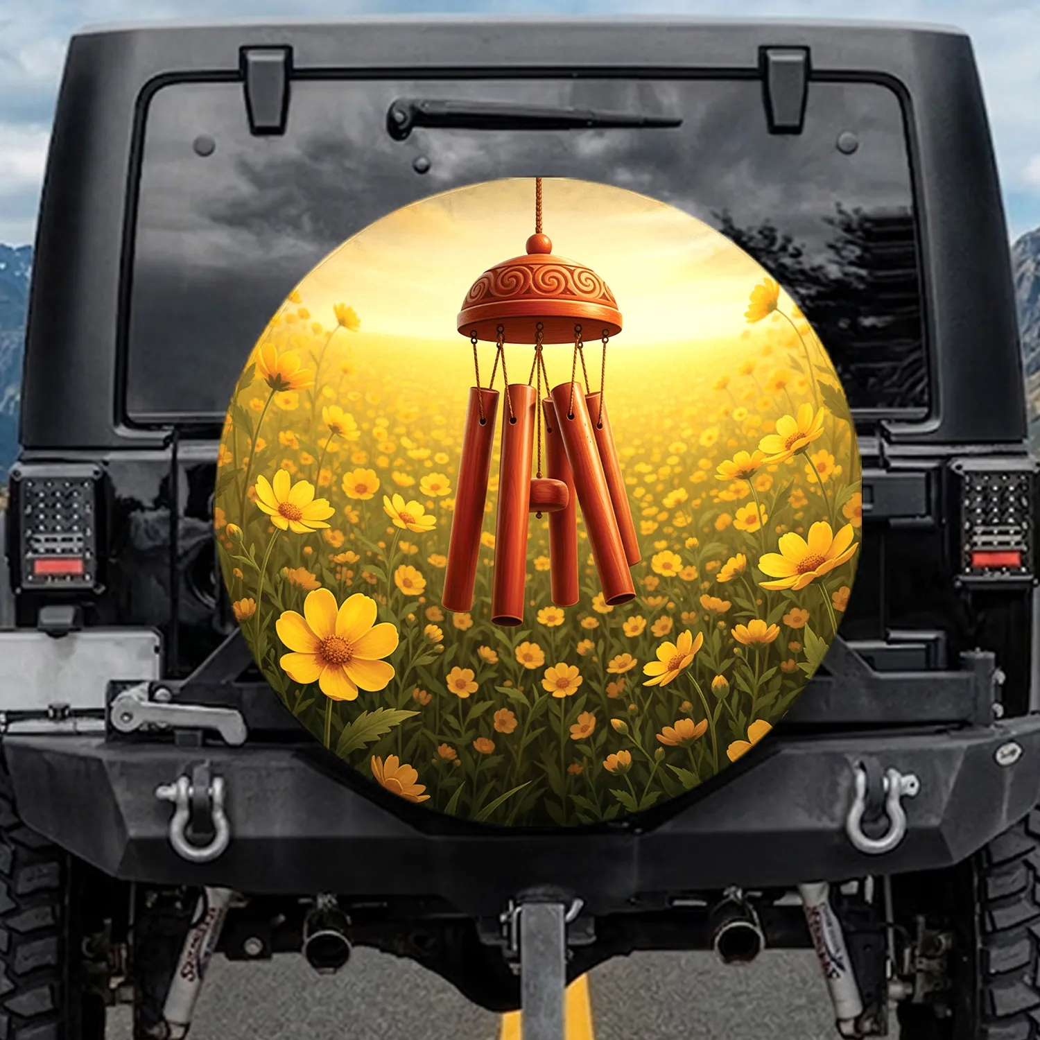 Wooden Wind Chime Swaying Yellow Wildflowers Field - Home Decor Gift for Garden Lover Spare Tire Cover - 1