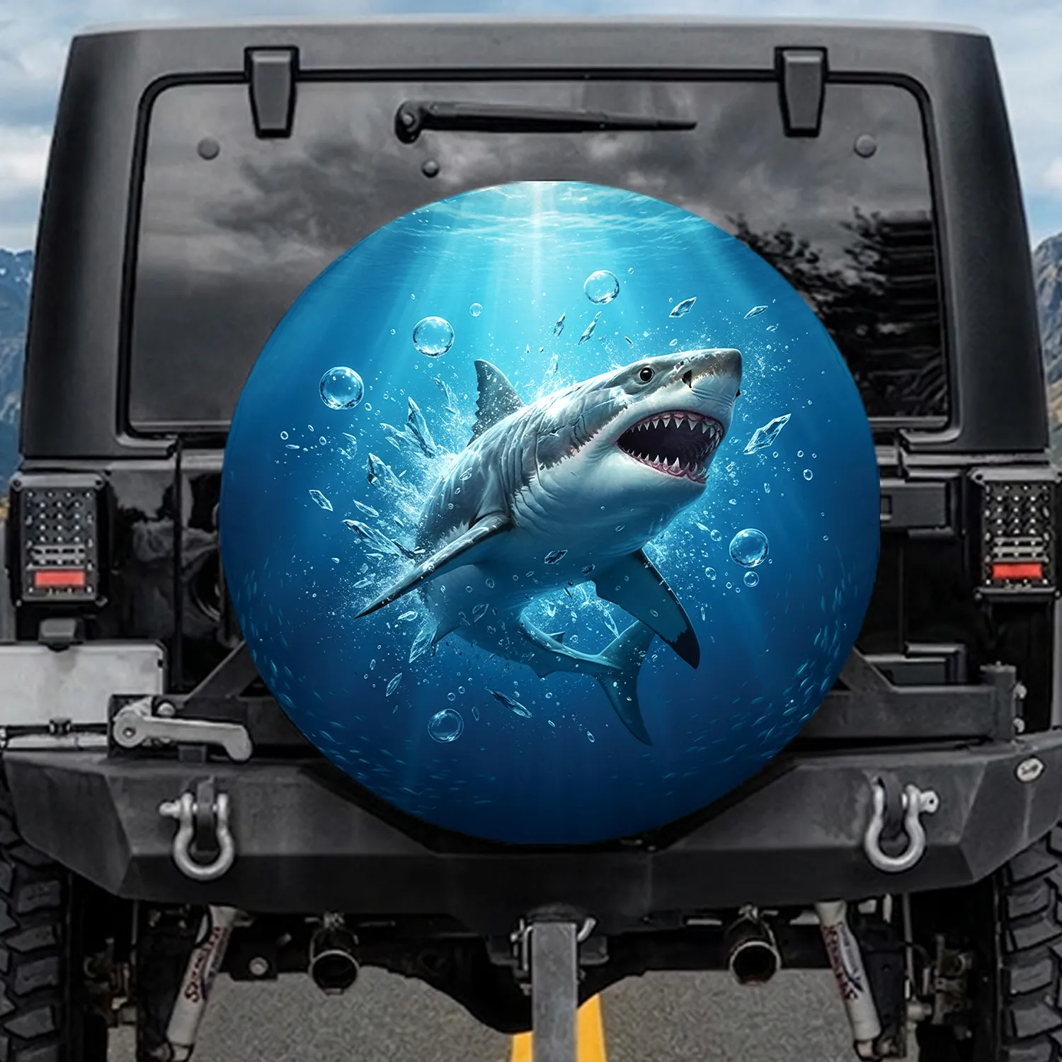 Great White Shark Ocean Depths Agitated Water Bubbles - Wildlife Lover Gift Spare Tire Cover - 1