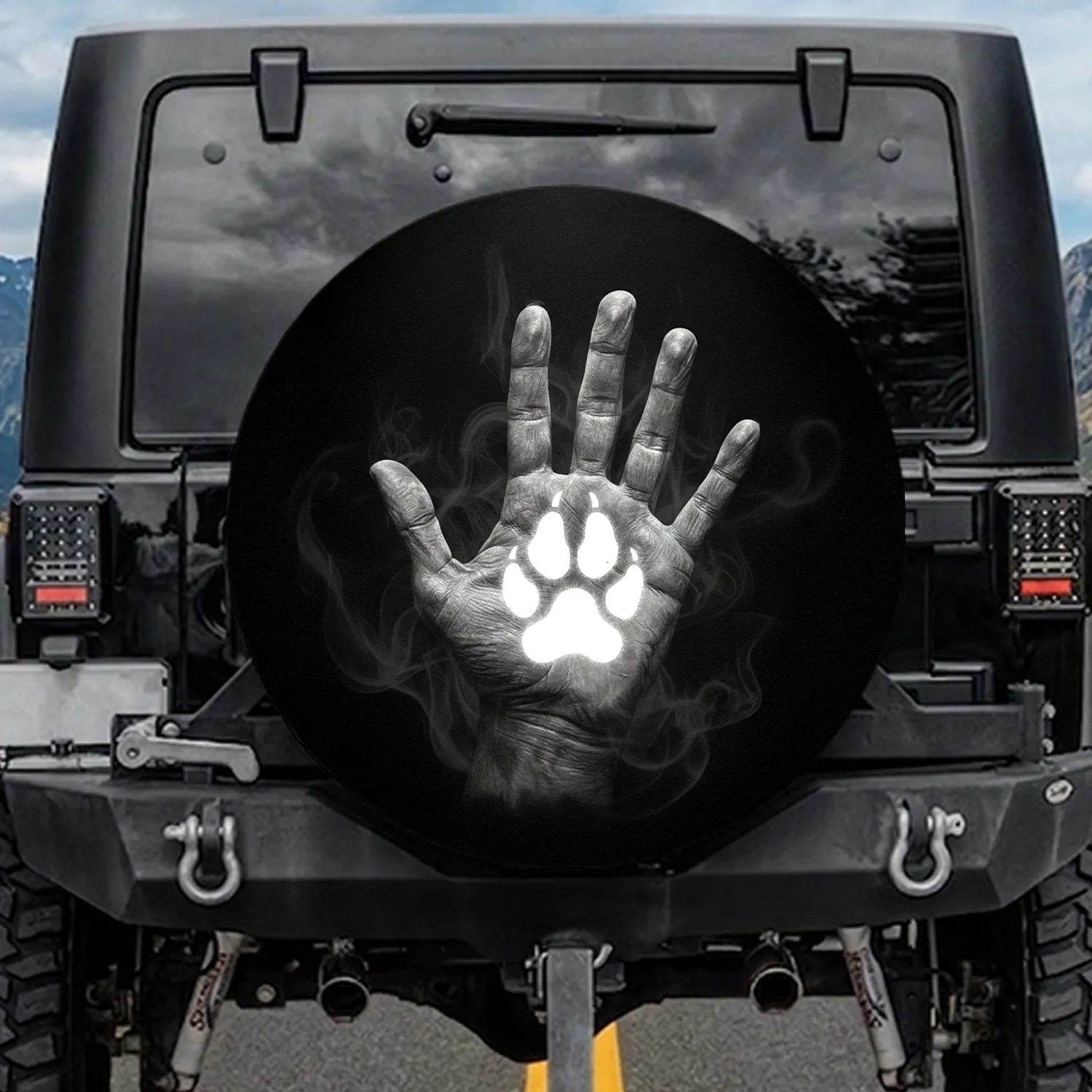 Human Hand Dog Paw Realistic Prints Charcoal Black White Smoke Wisps - Pet Owner Gift Spare Tire Cover - 1