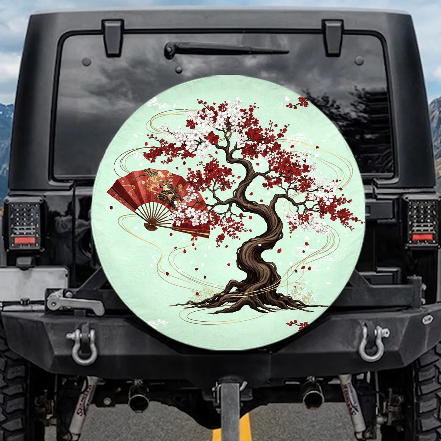 Gnarled Cherry Blossom Tree Japanese Fan Falling Petals - Travel Essentials Spare Tire Cover - 1