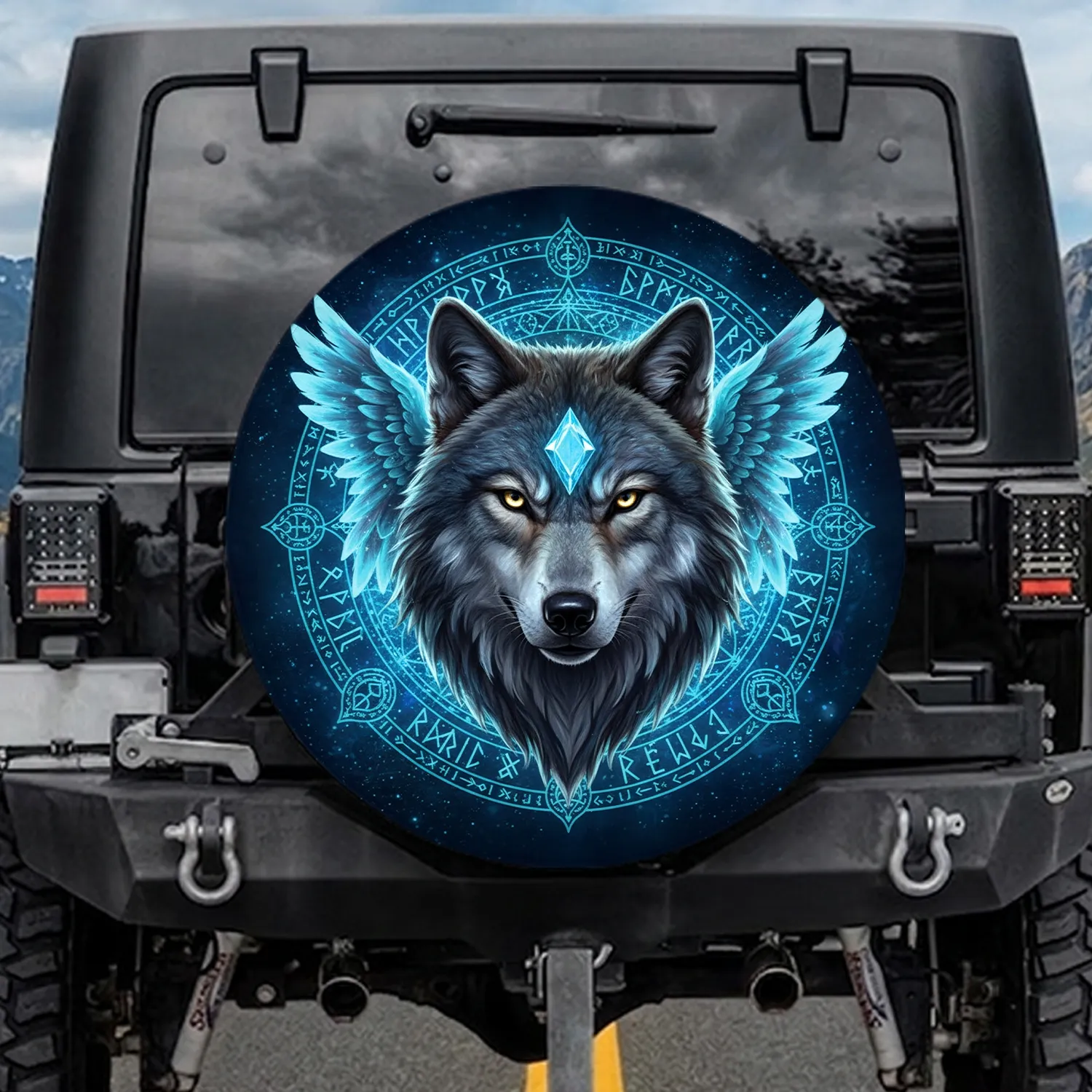 Wolf Head Diamond Gem Runic Wings - Wildlife Lover Gift Spare Tire Cover - 1