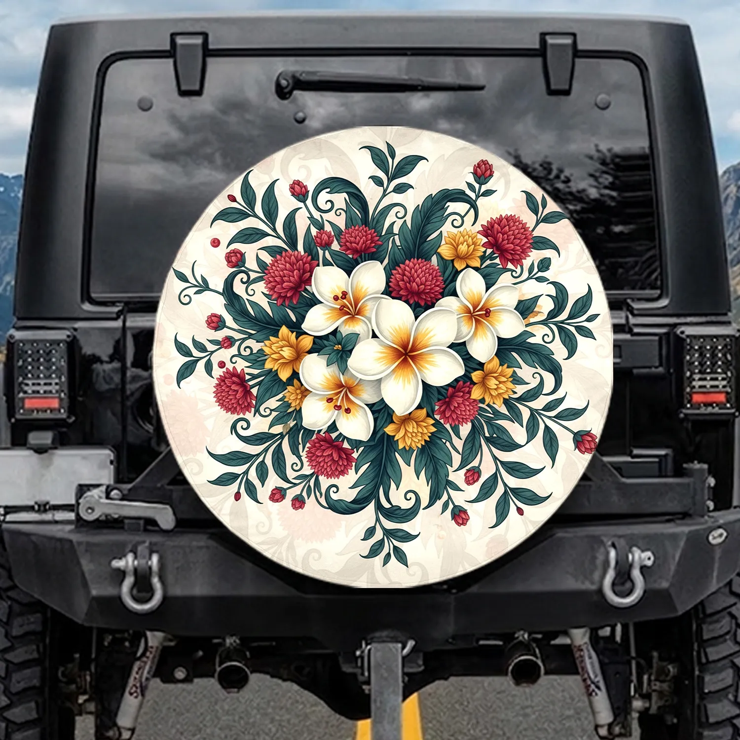 White Tropical Flowers Crimson Ochre Blooms Dark Teal Foliage - Home Decor Gift Spare Tire Cover - 1