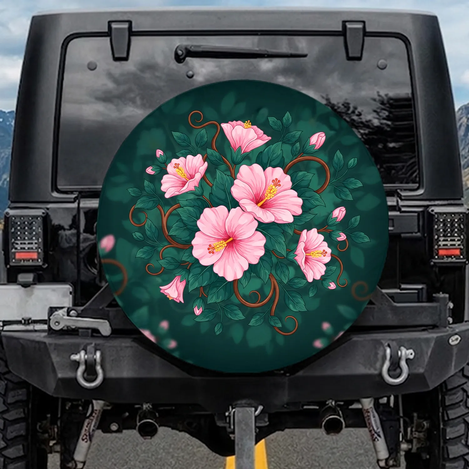 Pink Hibiscus Flowers Teal Leaves - Home Decor Gift for Garden Lover Spare Tire Cover - 1