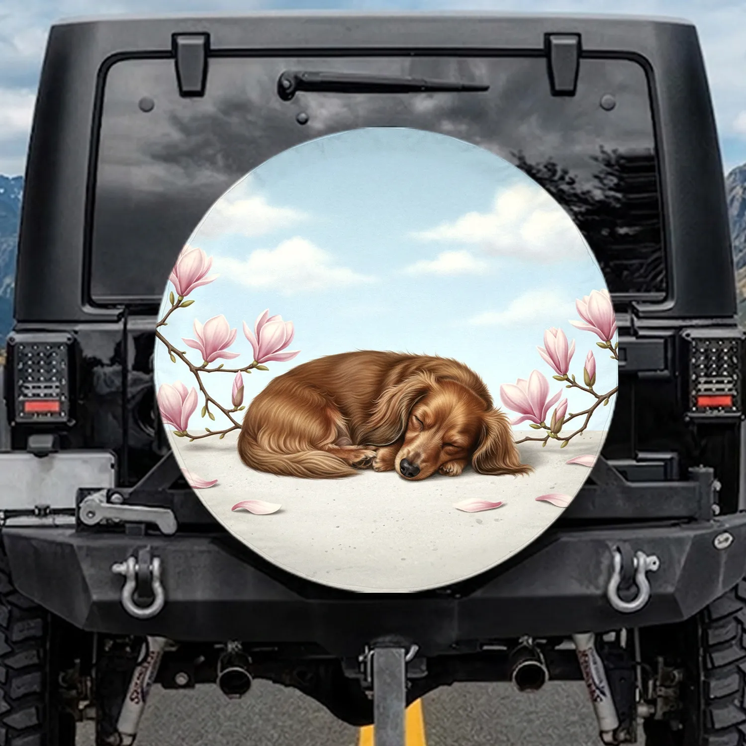 Sleeping Miniature Dachshund Magnolia Blossoms - Dog Lover Home Decor Gift Spare Tire Cover - 1