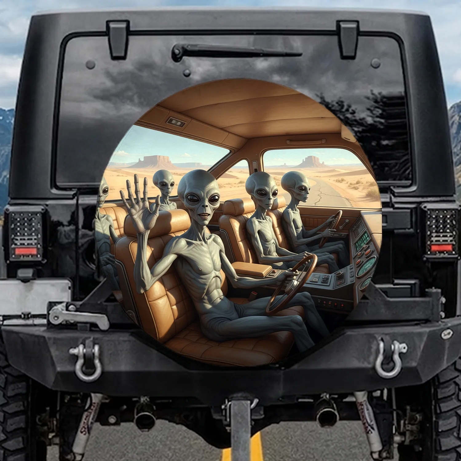 Grey Aliens Vehicle Interior Desert Road Trip Scene - Sci-Fi Lover Travel Essentials Gift Spare Tire Cover - 1