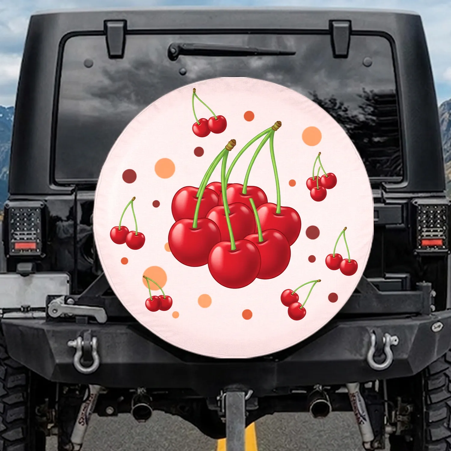 Red Cherries Green Stems Polka Dot Clusters - Travel Essentials Gift for Driver Spare Tire Cover - 1