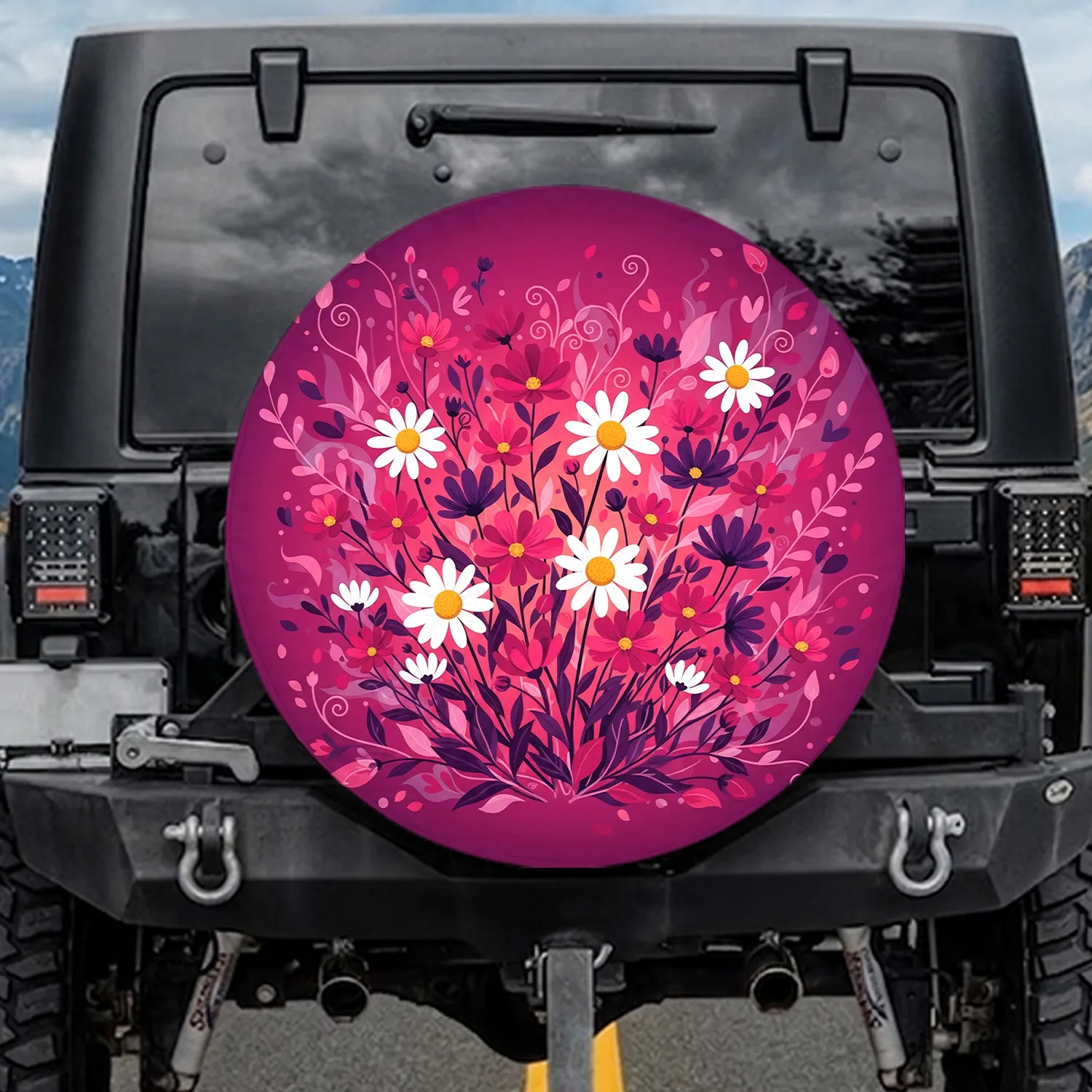 White Daisy Pink Cosmos Purple Floral Field - Home Decor Gift for Flower Lovers Spare Tire Cover - 1
