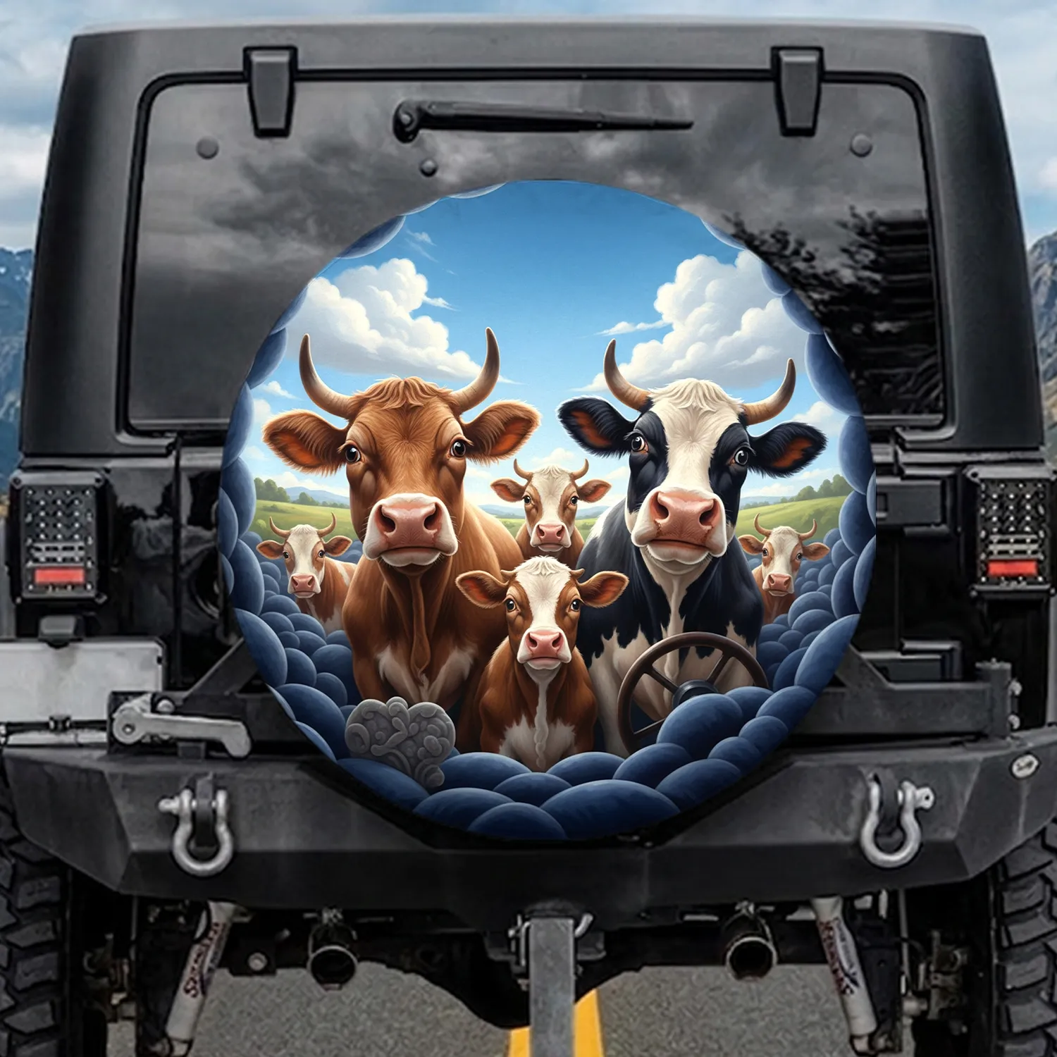 Wide-Eyed Cows Driving in Car - Farmhouse Decor Gift Spare Tire Cover - 1