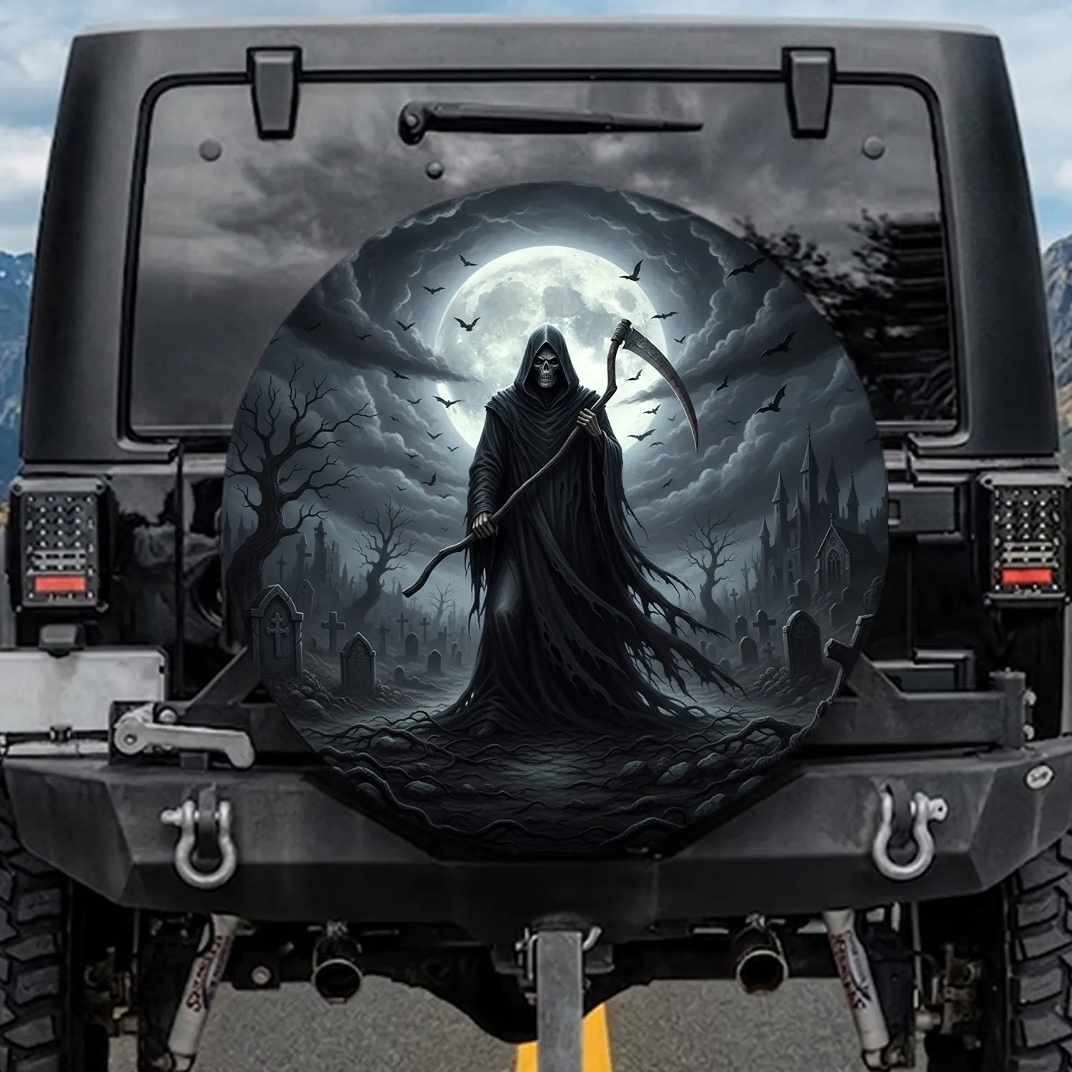 Grim Reaper Scythe Gothic Graveyard Castle - Dark Fantasy Lover Gift Spare Tire Cover - 1