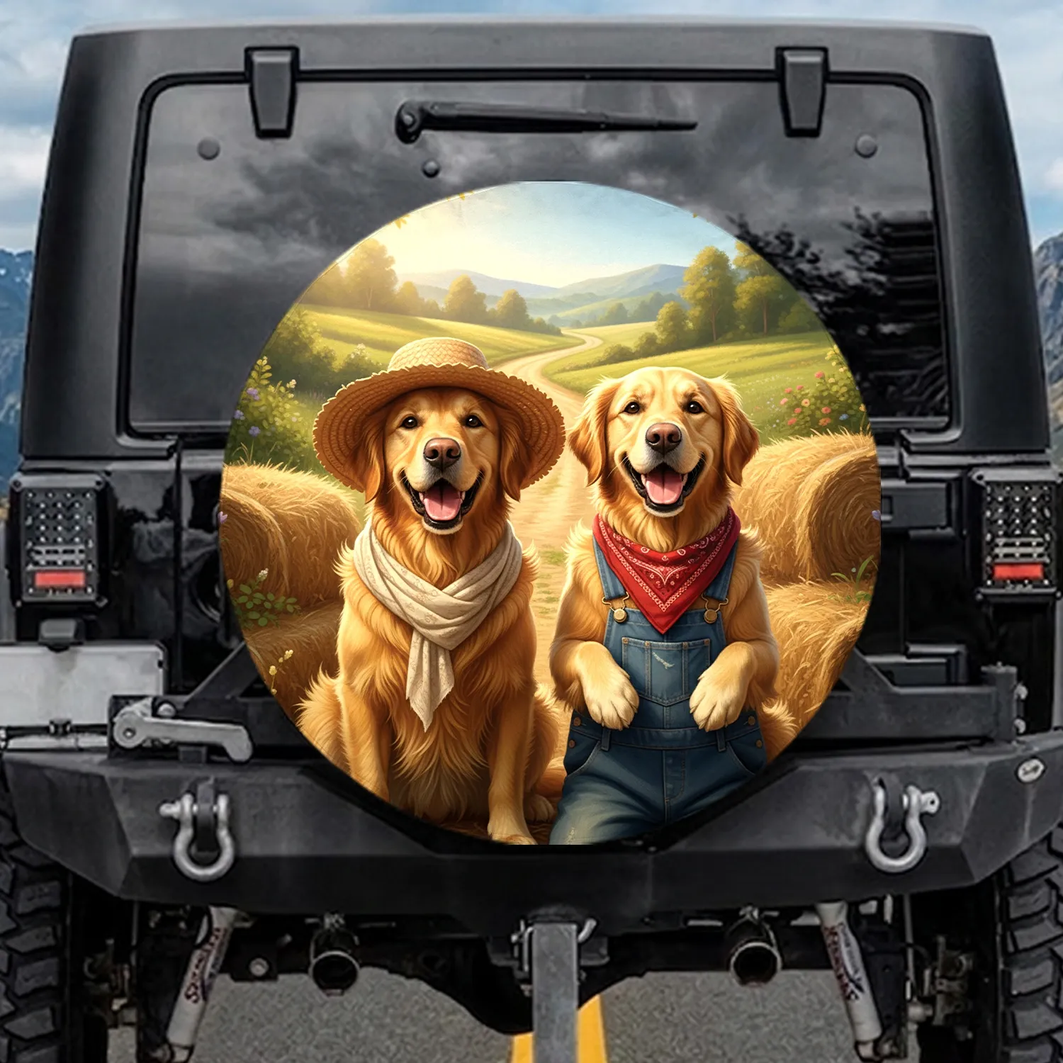 Golden Retrievers Driving Hay Bales Countryside - Road Trip Travel Gift for Dog Lovers Spare Tire Cover - 1