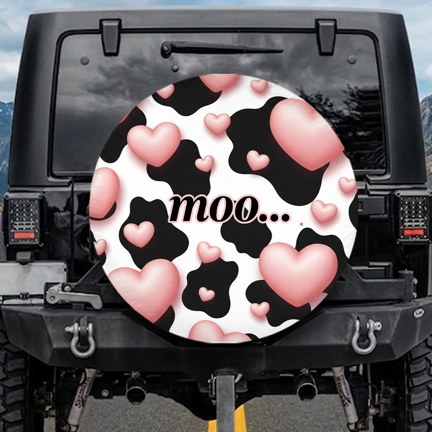 Moo Puffy Pink Hearts Black White Cowhide Farmhouse Decor - Cow Lover Gift Spare Tire Cover - 1