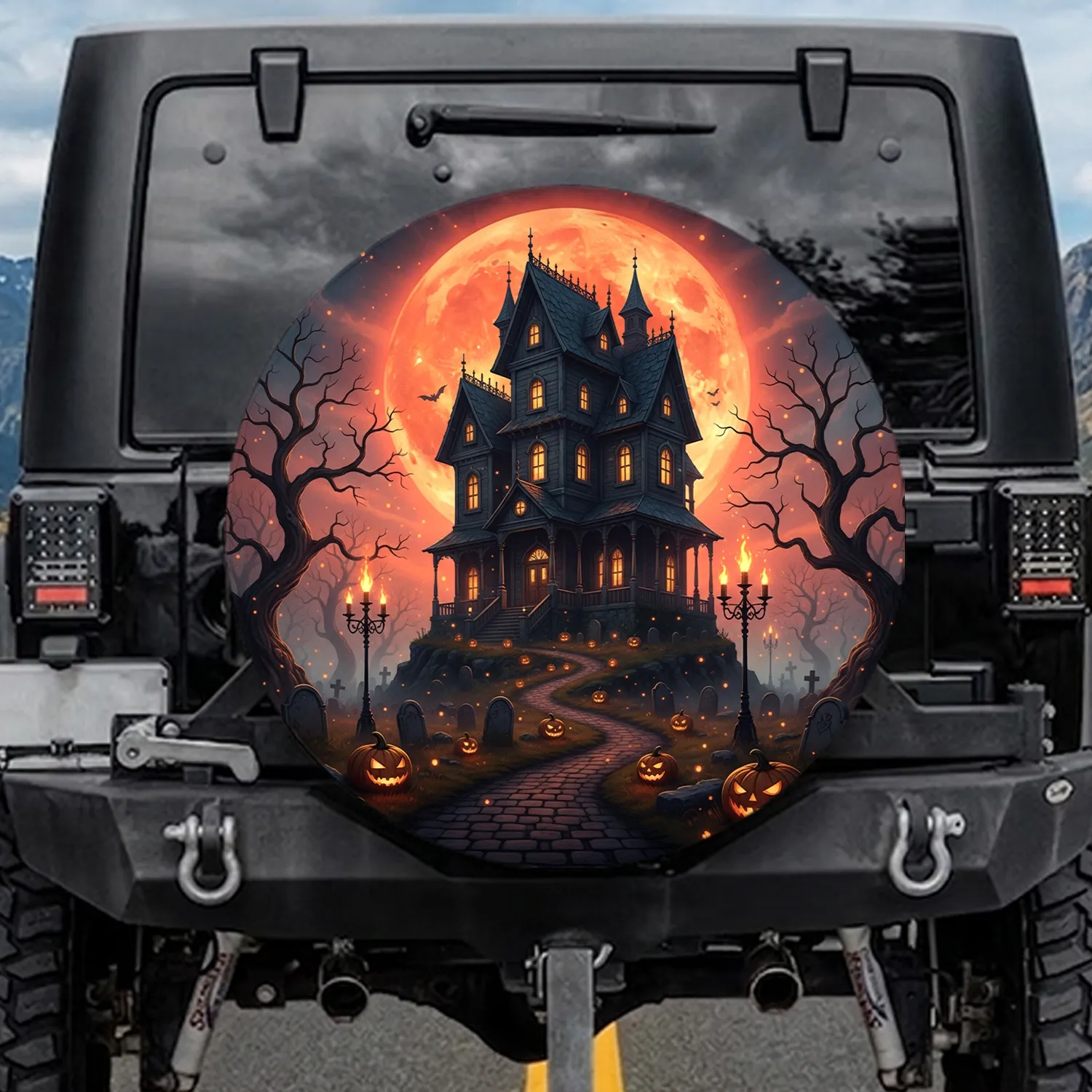 Haunted Gothic Mansion Jack-o'-lanterns Full Moon - Halloween Party Decor Spare Tire Cover - 1