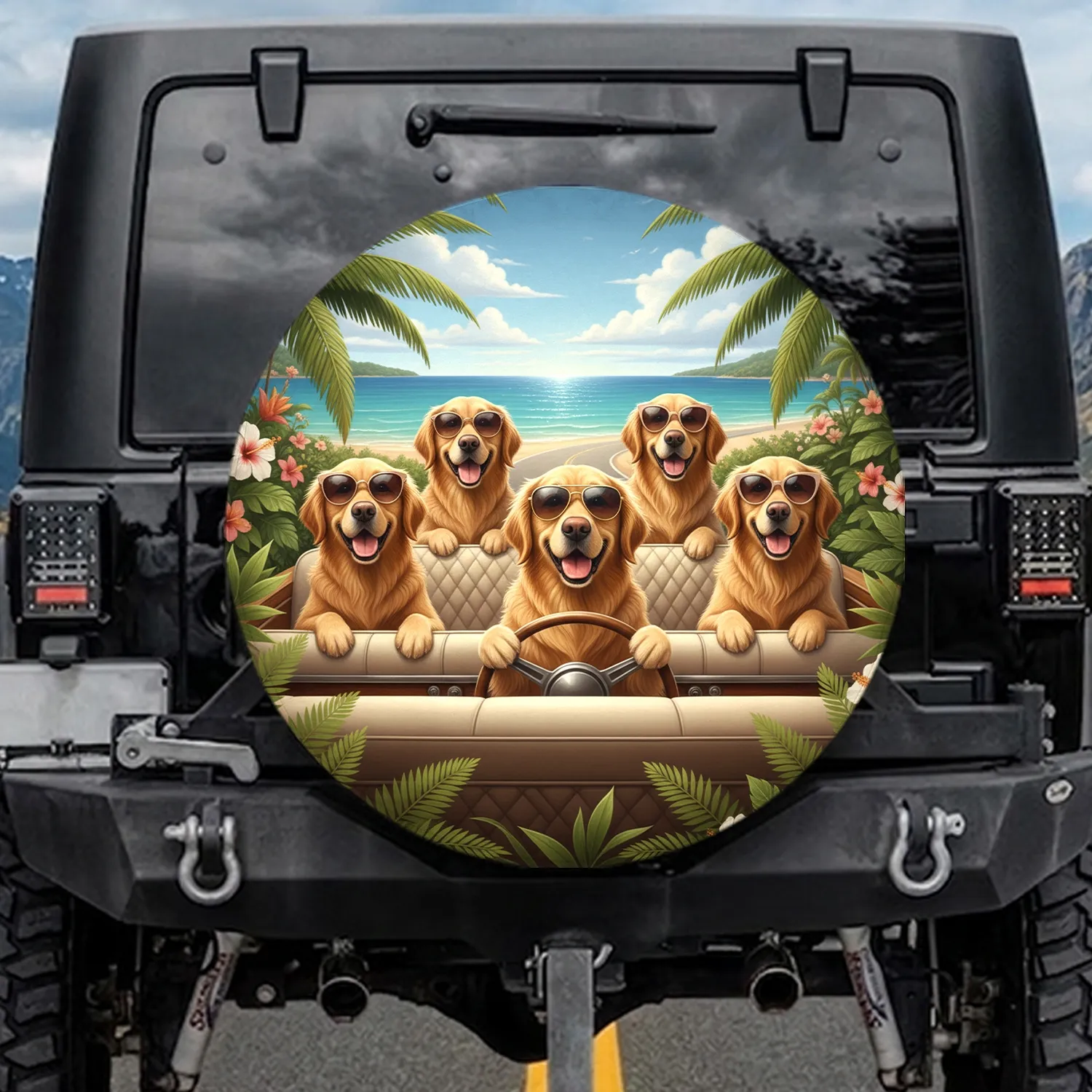 Golden Retrievers Road Trip Coastal Drive - Dog Lover Gift Spare Tire Cover - 1