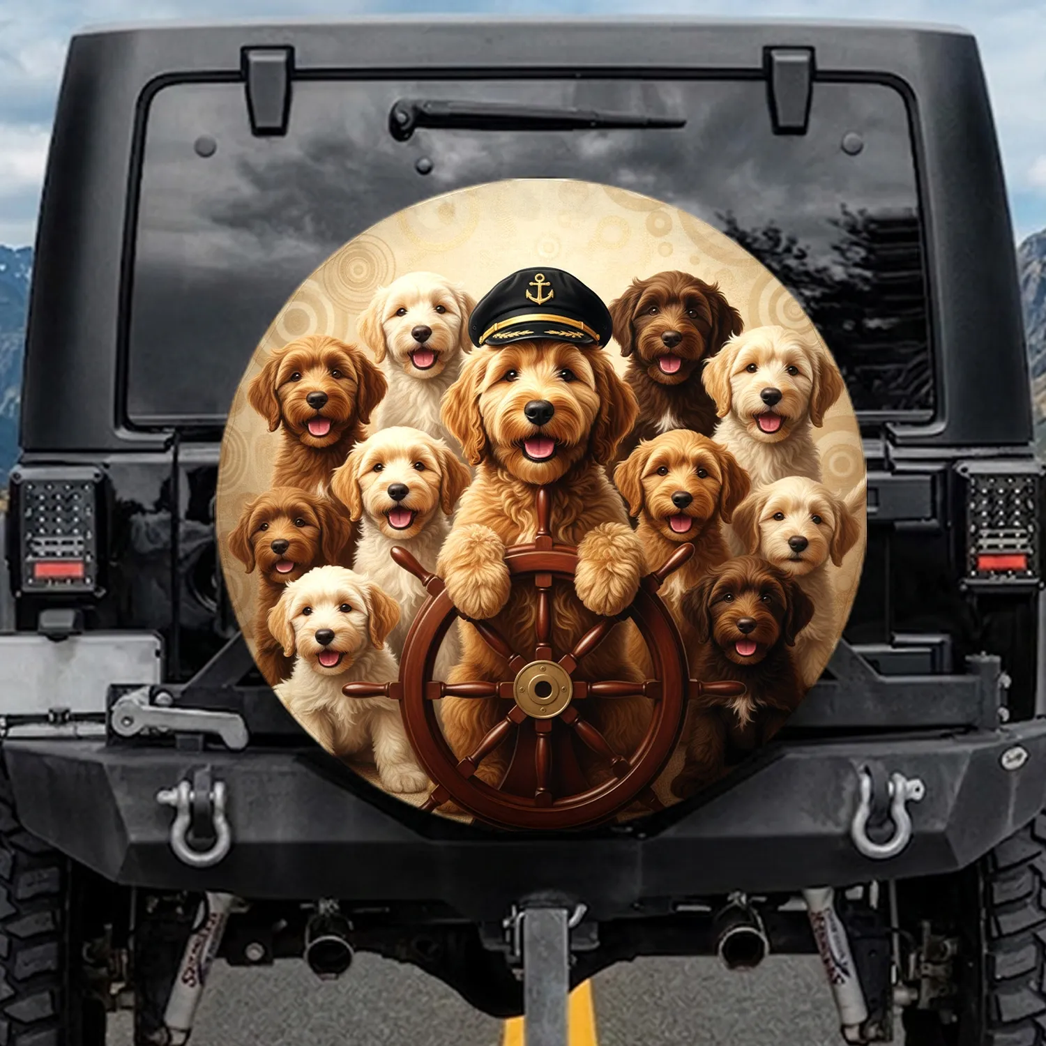 Golden Goldendoodle Captain with Diverse Labradoodle Puppy Group - Adventure Lover Gift Spare Tire Cover - 1