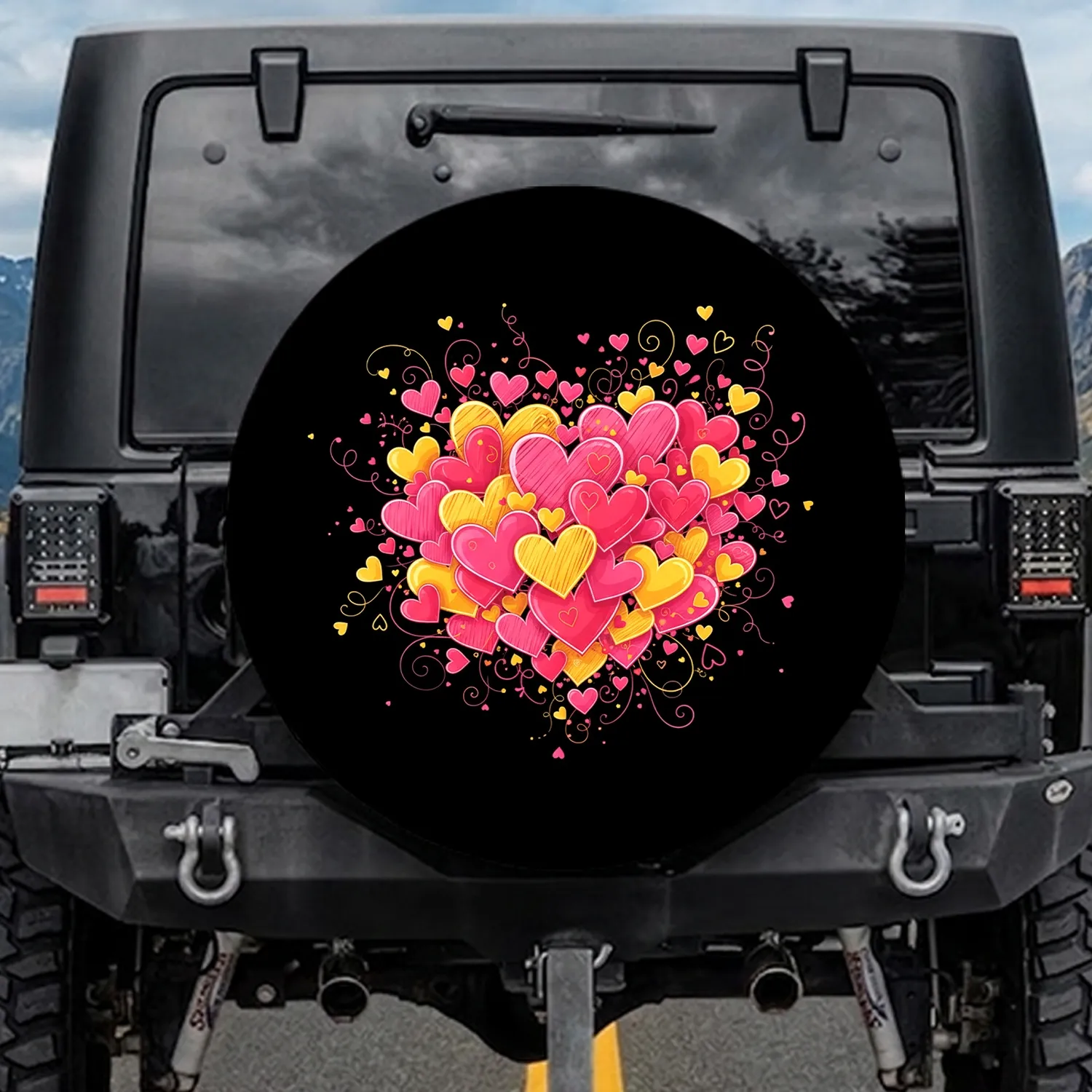Floating Hearts Swirling Lines Decorative Strings - Love Symbol Anniversary Gift Spare Tire Cover - 1