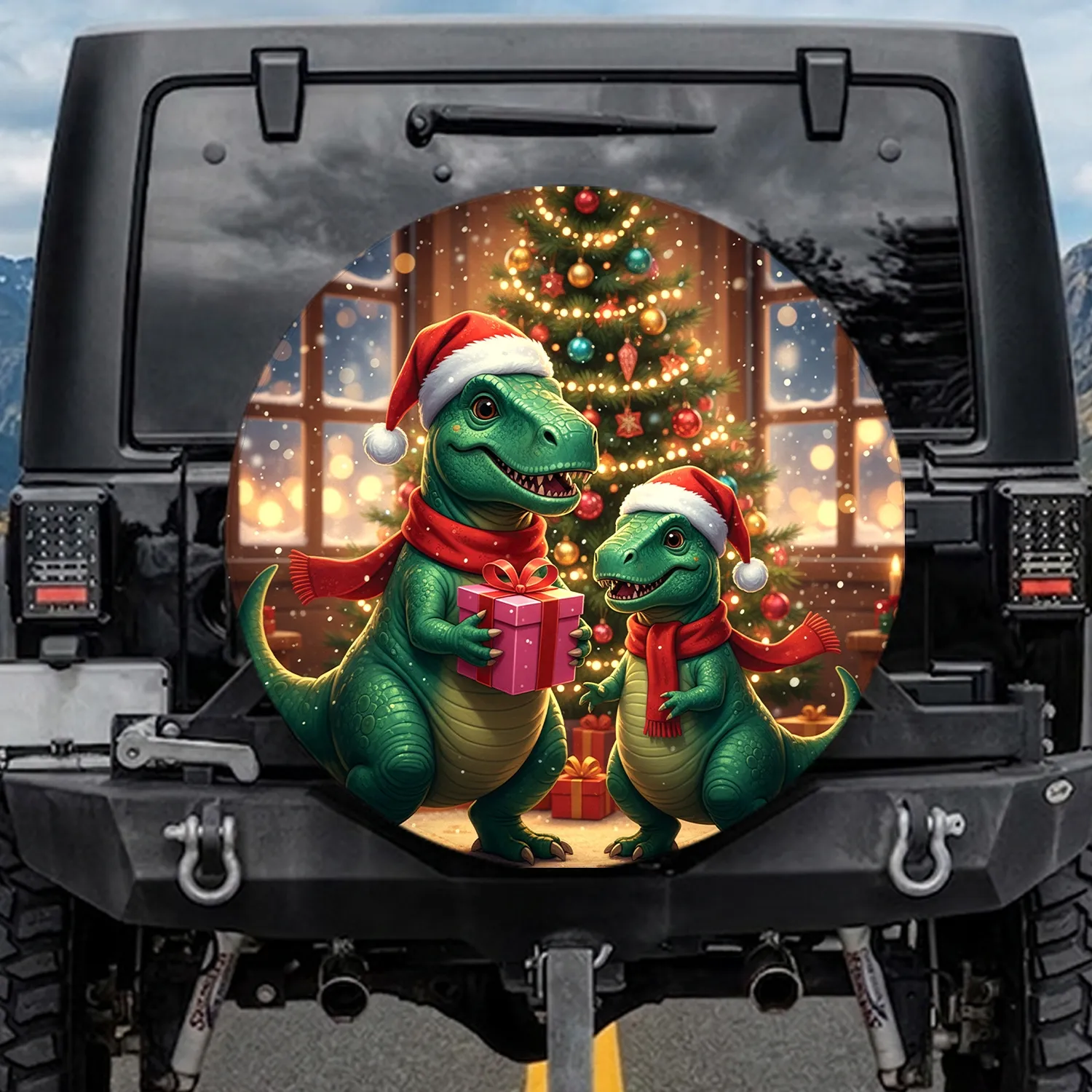 Green Scaly Dinosaurs Santa Hats Christmas Tree Snowflakes - Christmas Gift Spare Tire Cover - 1