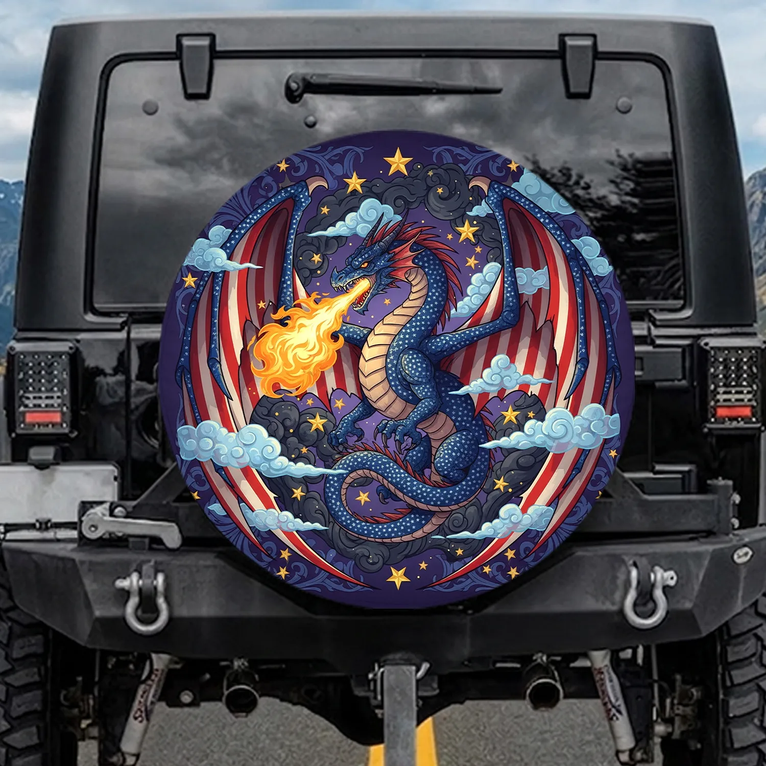 Dragon American Flag Star Flames - Independence Day Gift for Veterans Spare Tire Cover - 1