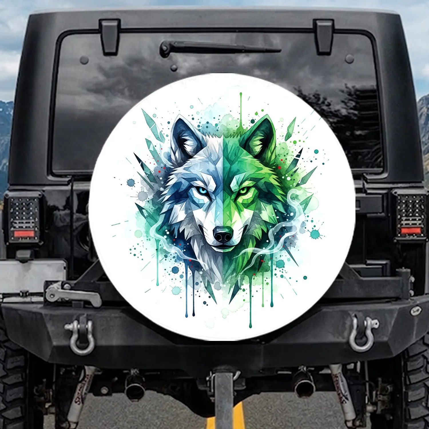 Split Wolf Head Glowing Eyes Crystalline Mist - Wildlife Lover Home Decor Gift Spare Tire Cover - 1