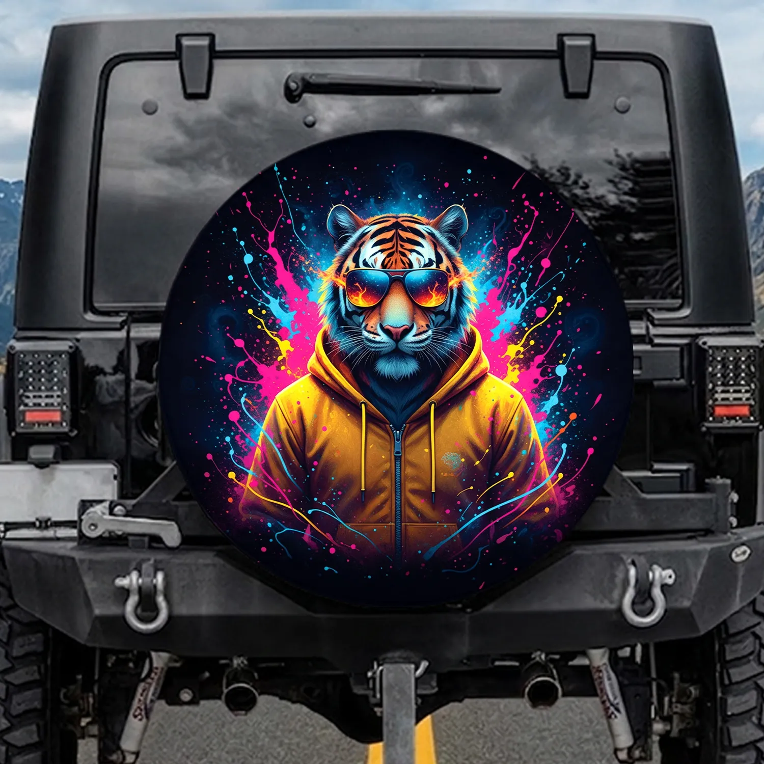 Reflective Sunglasses Tiger Neon Paint Splatter Urban Lifestyle Gift for Tiger Lover Spare Tire Cover - 1