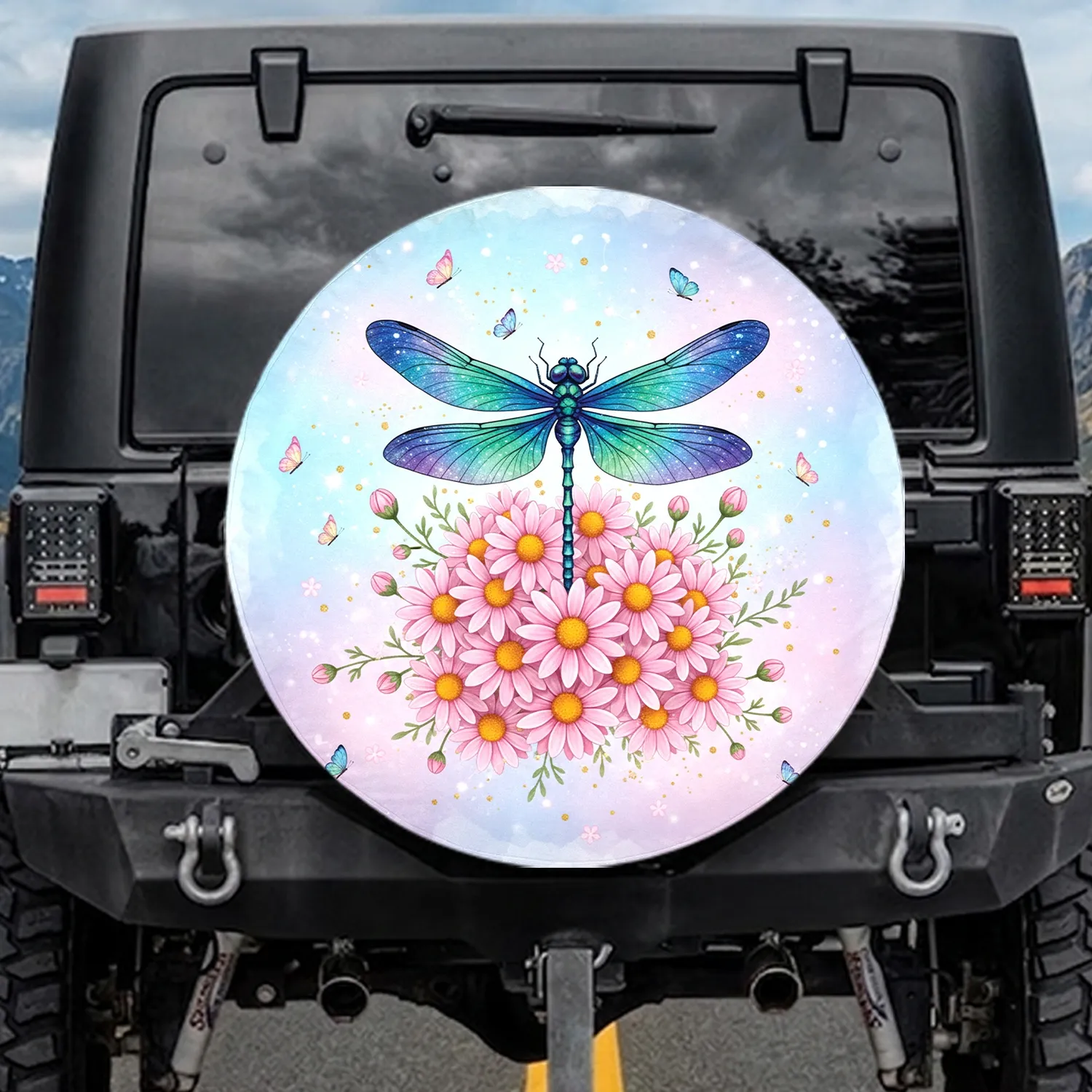 Galaxy Wing Iridescent Dragonfly Pink Daisy Flowers - Nature Lover Gift Spare Tire Cover - 1