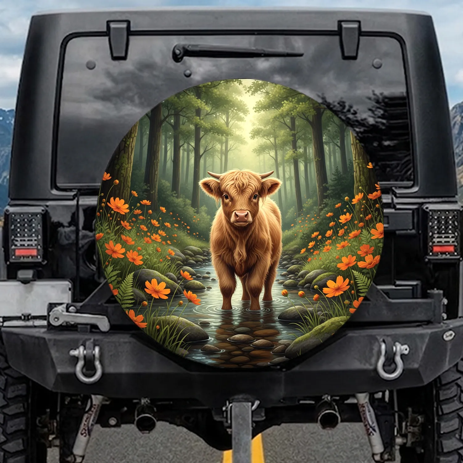Highland Calf Wildflower Stream - Wildlife Lover Gift for Cow Lover Spare Tire Cover - 1