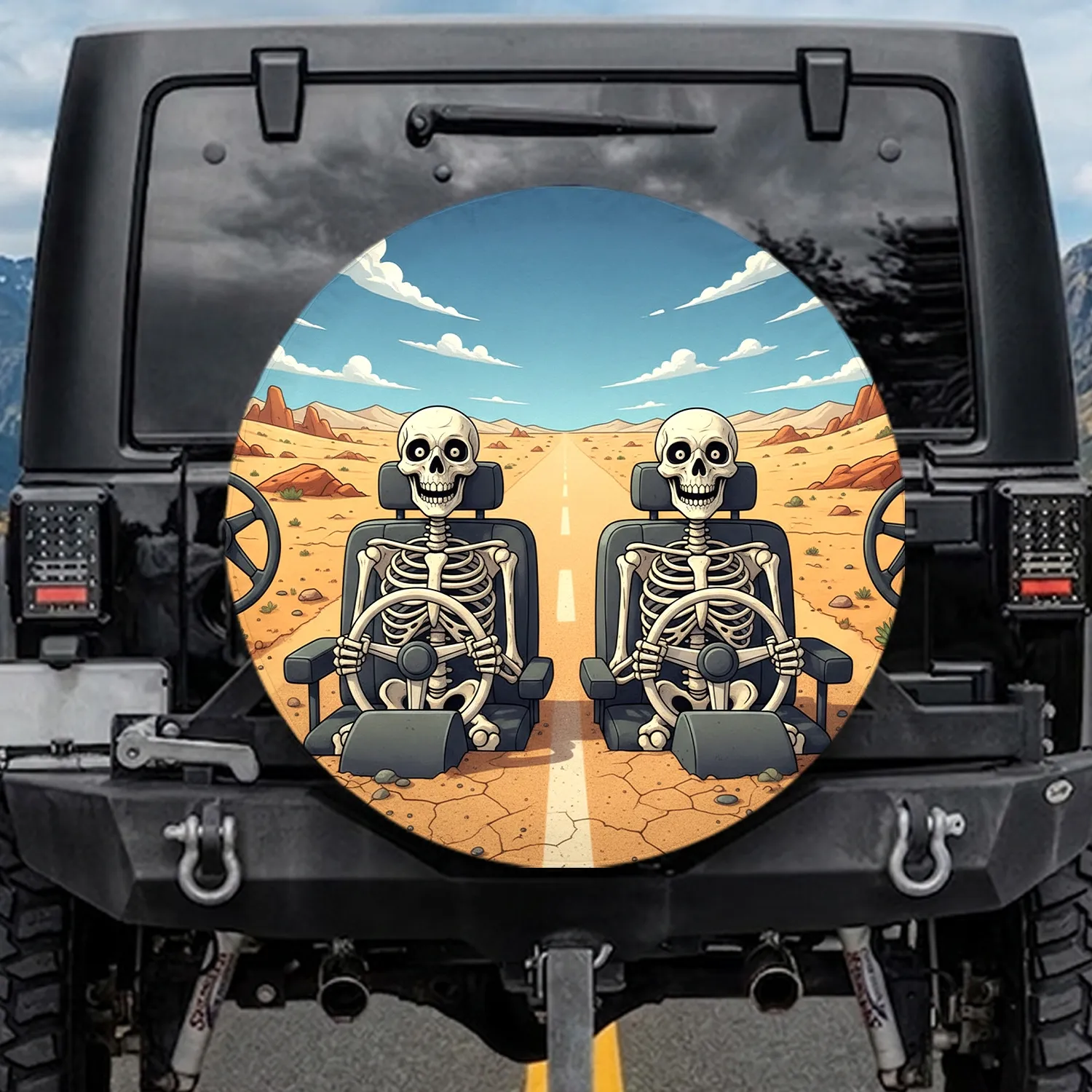 Smiling Skeletal Figures Driving Long Desert Highway - Adventure Road Trip Gift Spare Tire Cover - 1