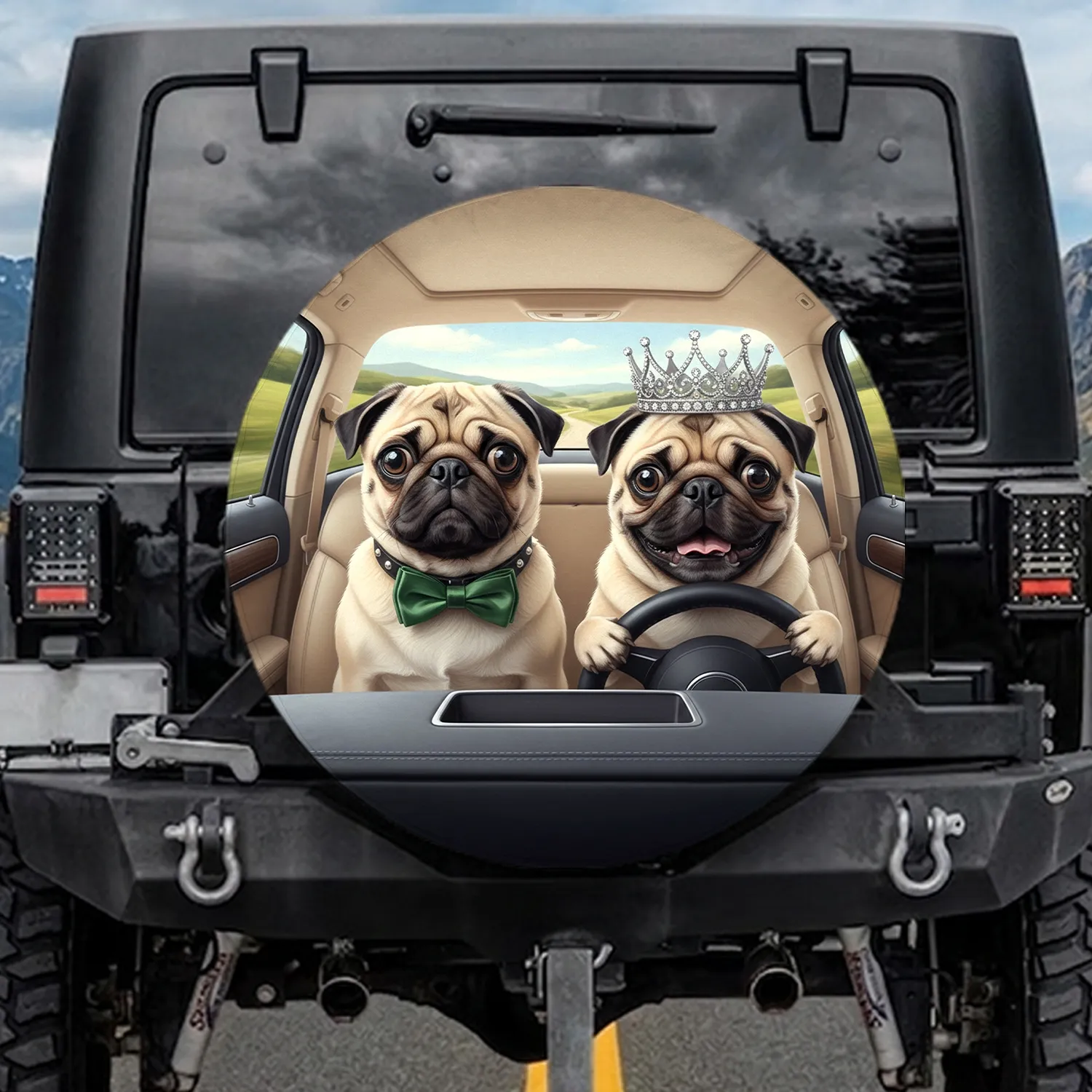 Pugs Driving Road Trip Landscape - Travel Essentials for Dog Owners Spare Tire Cover - 1