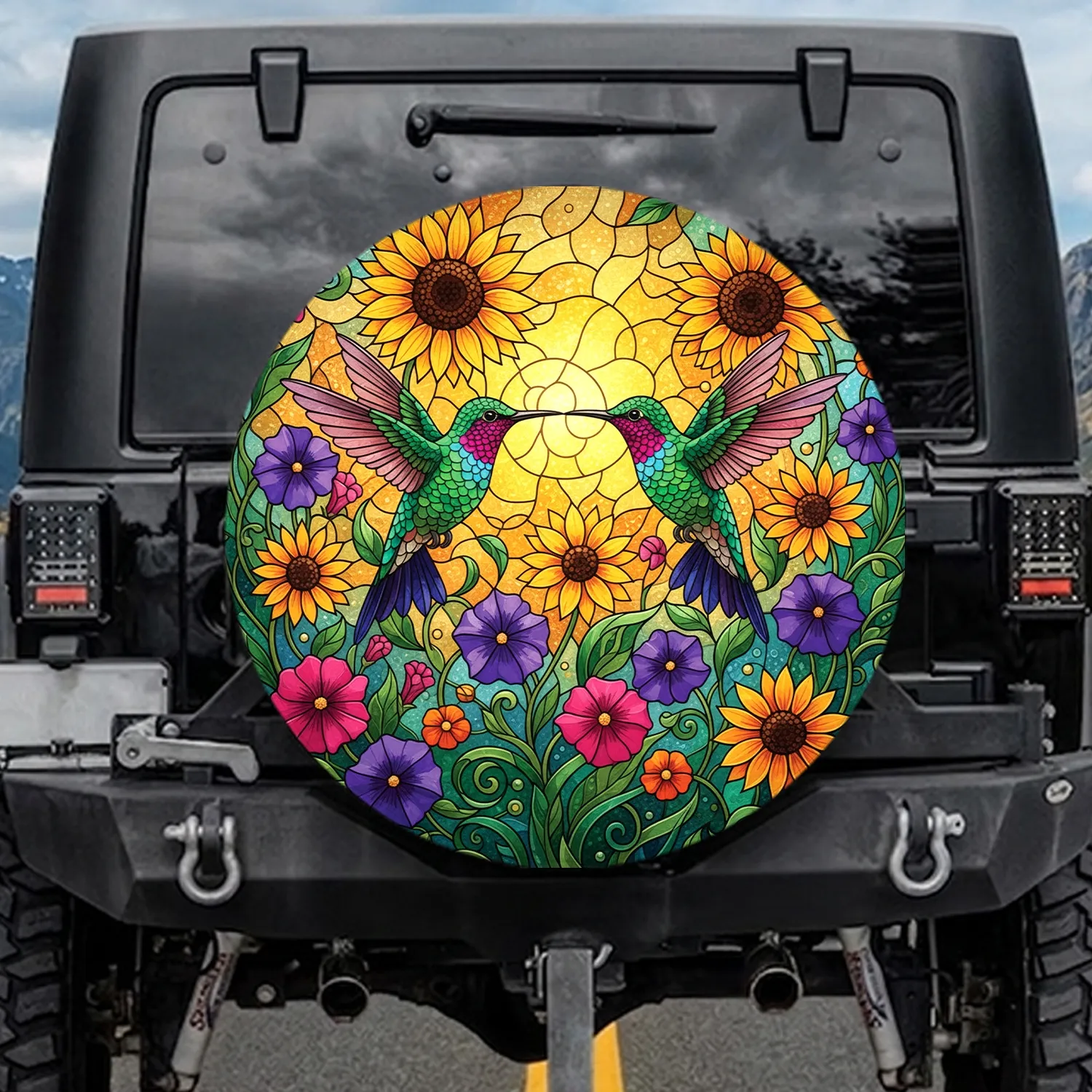 Hummingbirds Stained Glass Sunflowers Petunias - Garden Lover Gift Spare Tire Cover - 1