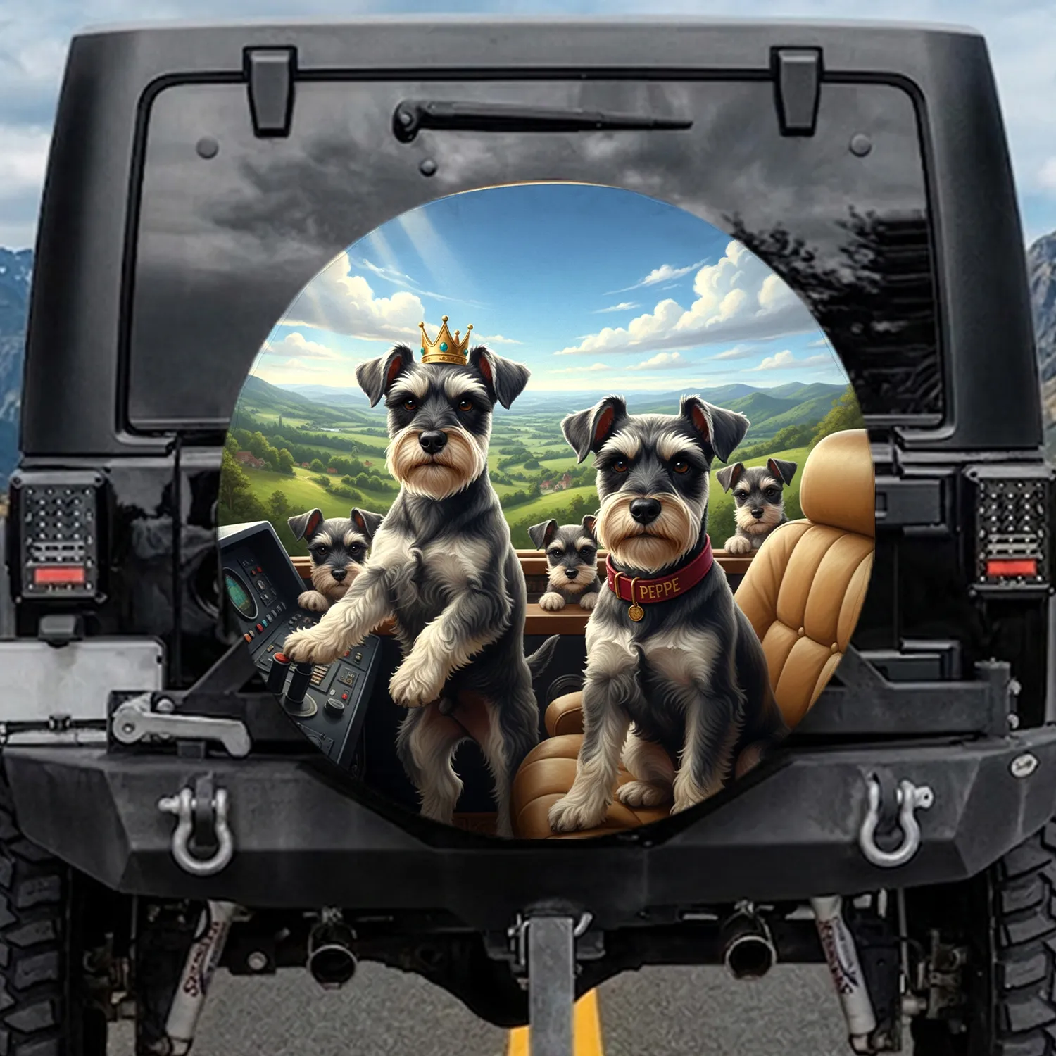 Crowned Miniature Schnauzers Peppe Puppies Green Hills - Pet Owner Home Decor Gift Spare Tire Cover - 1