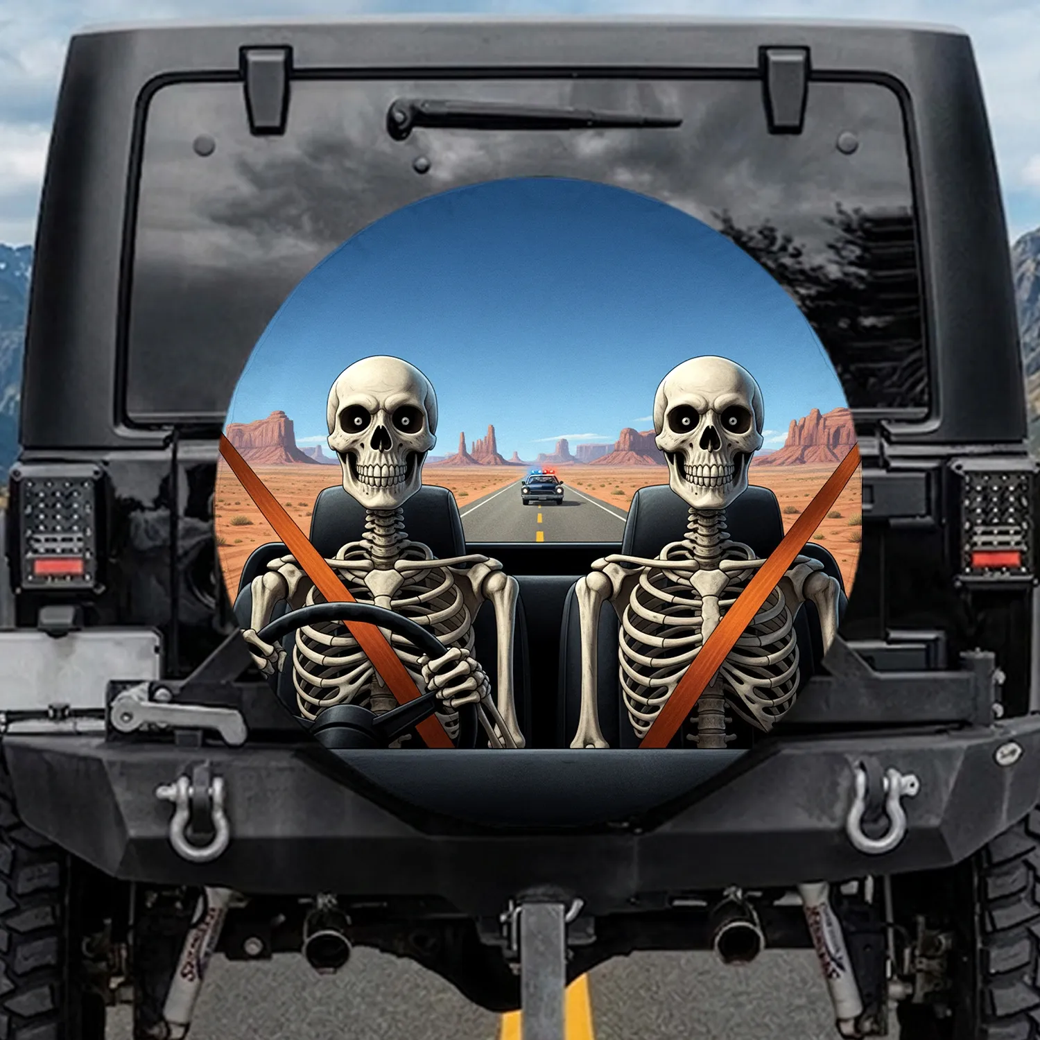 Shocked Skeletons Desert Highway Police Car Chase - Halloween Party Gift Spare Tire Cover - 1