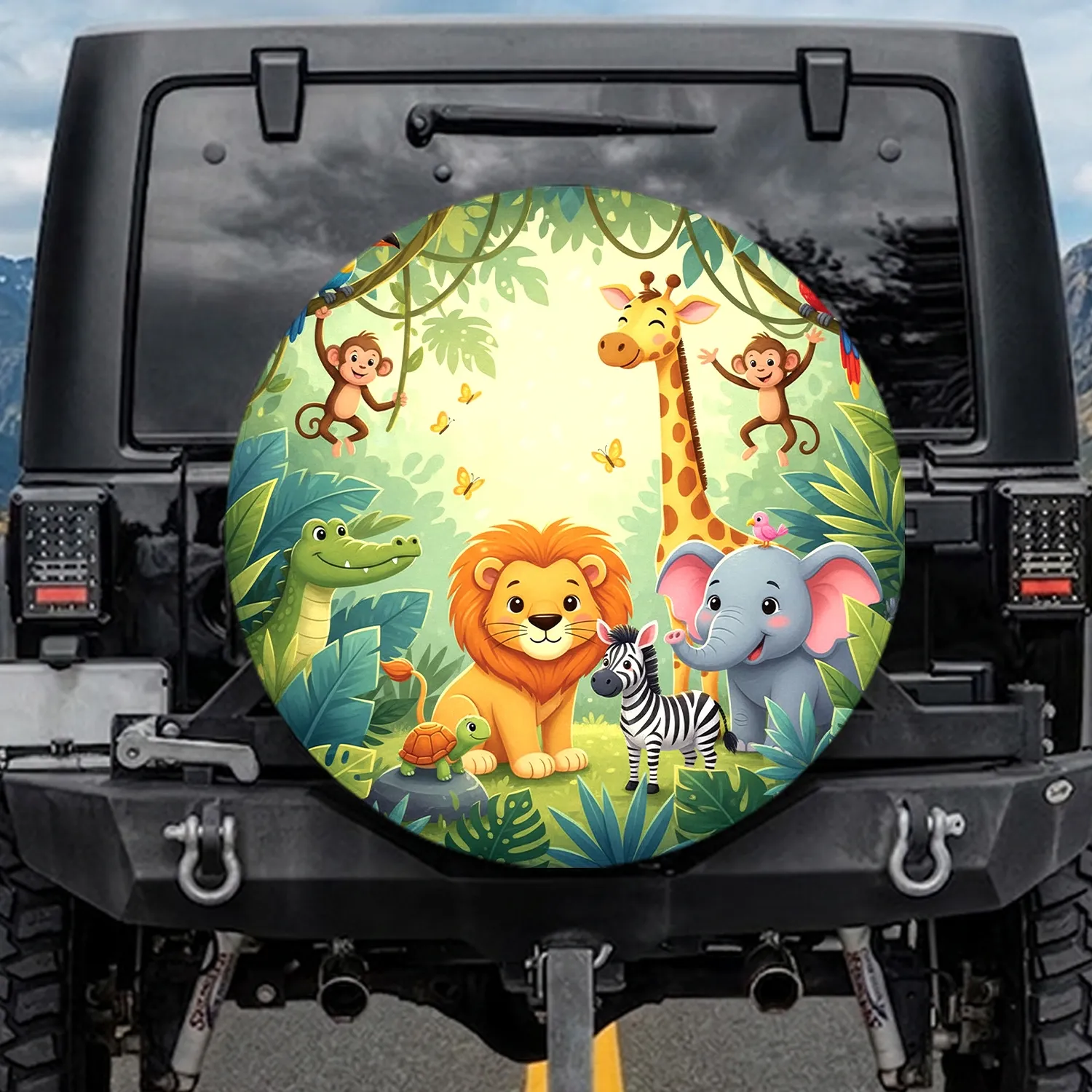 Cartoon Lion Zebra Elephant Giraffe Tropical Jungle Scene - Wildlife Lover Gift Spare Tire Cover - 1