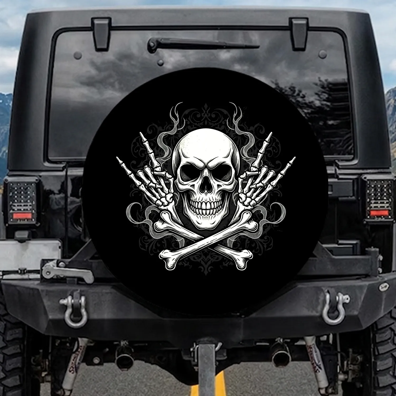 Skull Skeleton Hands Bone Femurs Gothic Filigree - Edgy Rocker Car Accessory Spare Tire Cover - 1